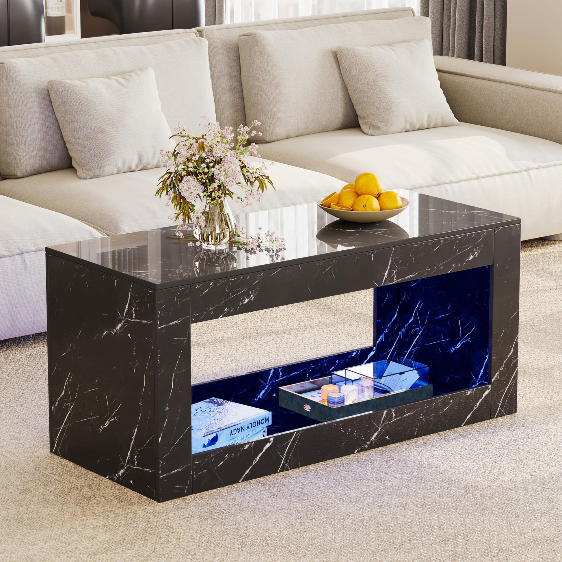 Lift Top coffee tables for living room, 43" LED Wooden Center Tables with Storage Shelf EK HOME FURNITURE