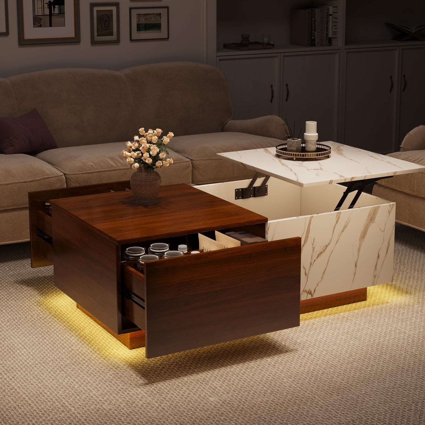 Lift Top coffee tables for living room, 43" LED Wooden Center Tables with Storage Shelf EK HOME FURNITURE