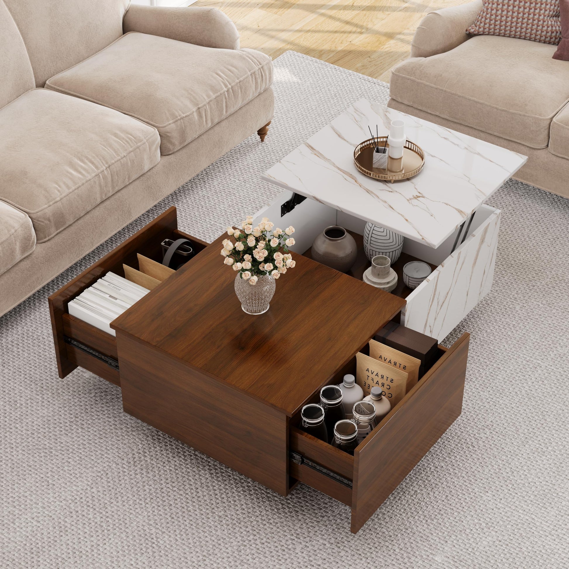 Lift Top coffee tables for living room, 43" LED Wooden Center Tables with Storage Shelf EK HOME FURNITURE