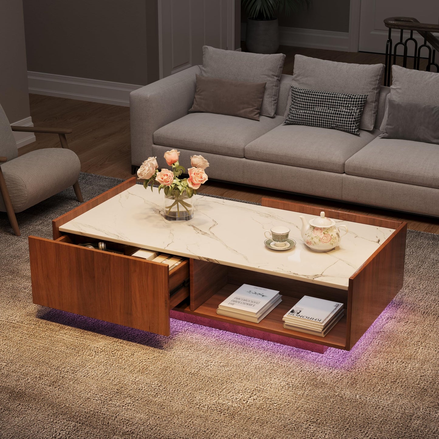 Lift Top coffee tables for living room, 43" LED Wooden Center Tables with Storage Shelf EK HOME FURNITURE