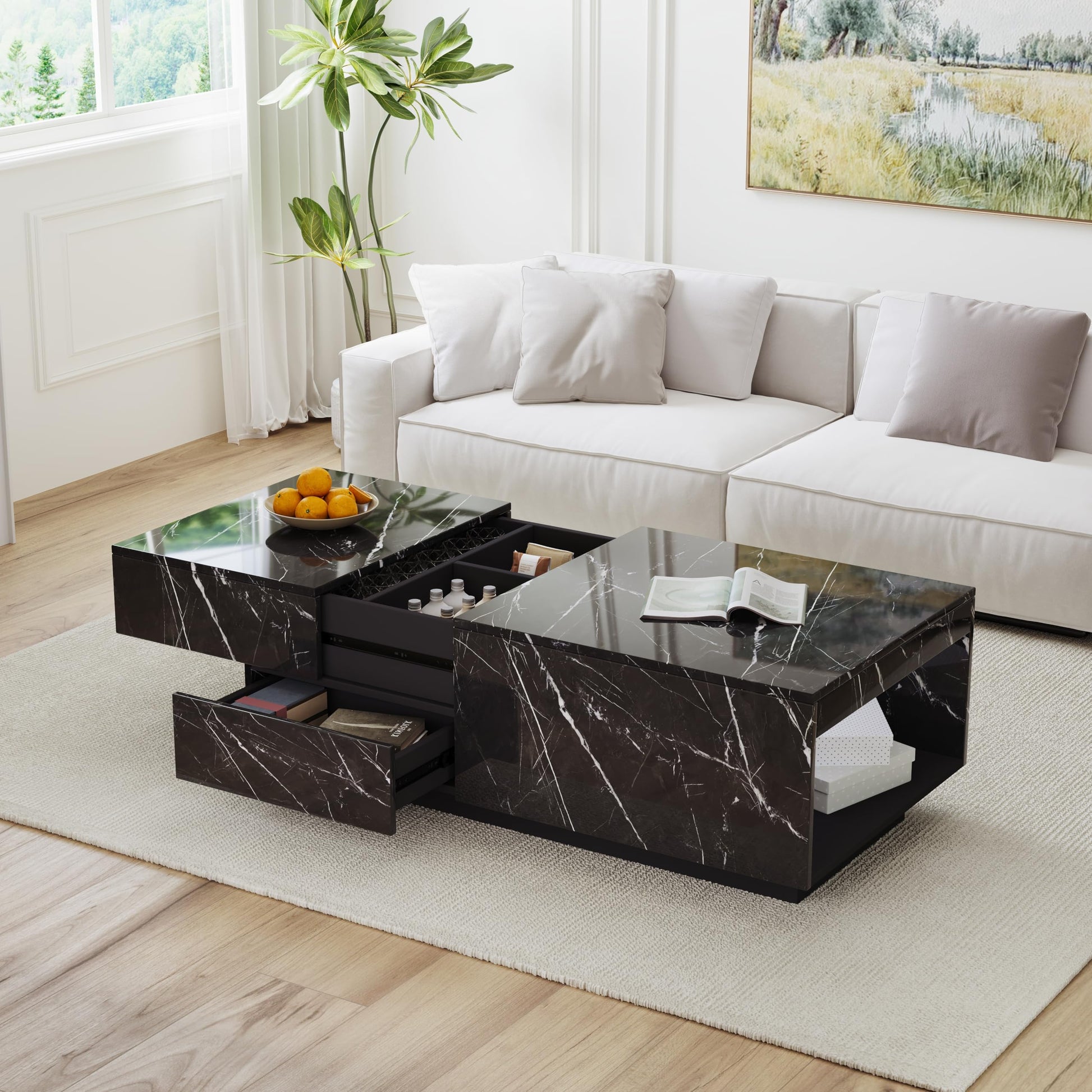 Lift Top coffee tables for living room, 43" LED Wooden Center Tables with Storage Shelf EK HOME FURNITURE