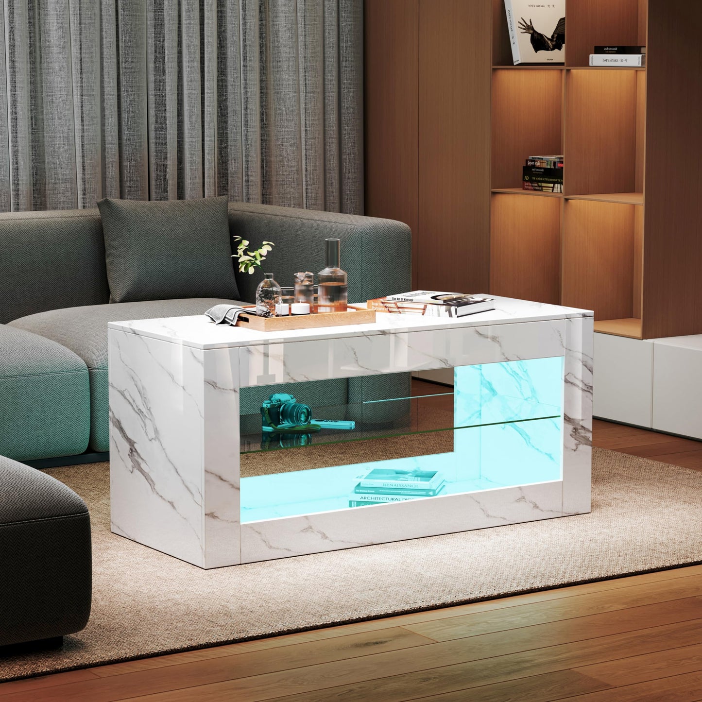 Lift Top coffee tables for living room, 43" LED Wooden Center Tables with Storage Shelf EK HOME FURNITURE