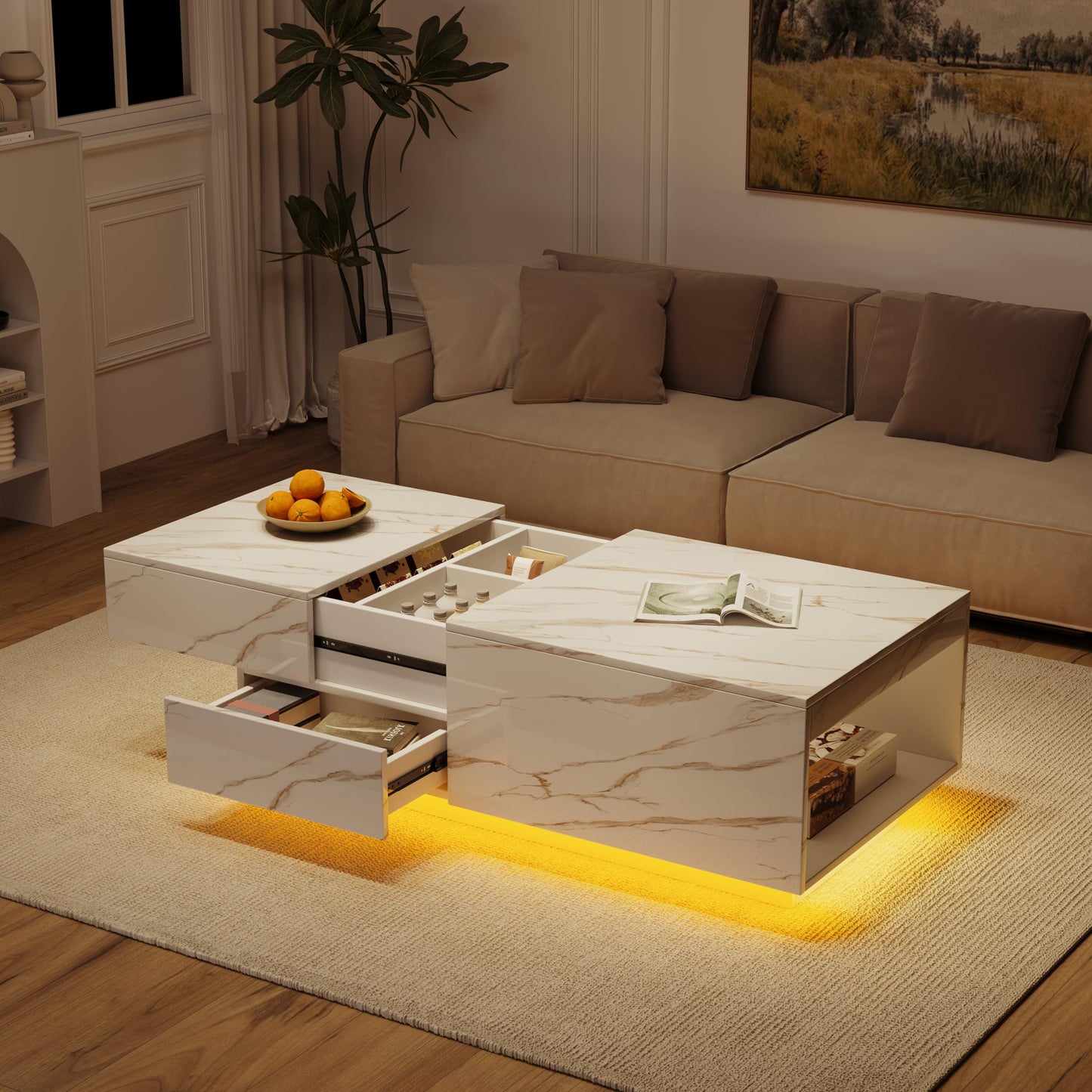 Lift Top coffee tables for living room, 43" LED Wooden Center Tables with Storage Shelf EK HOME FURNITURE