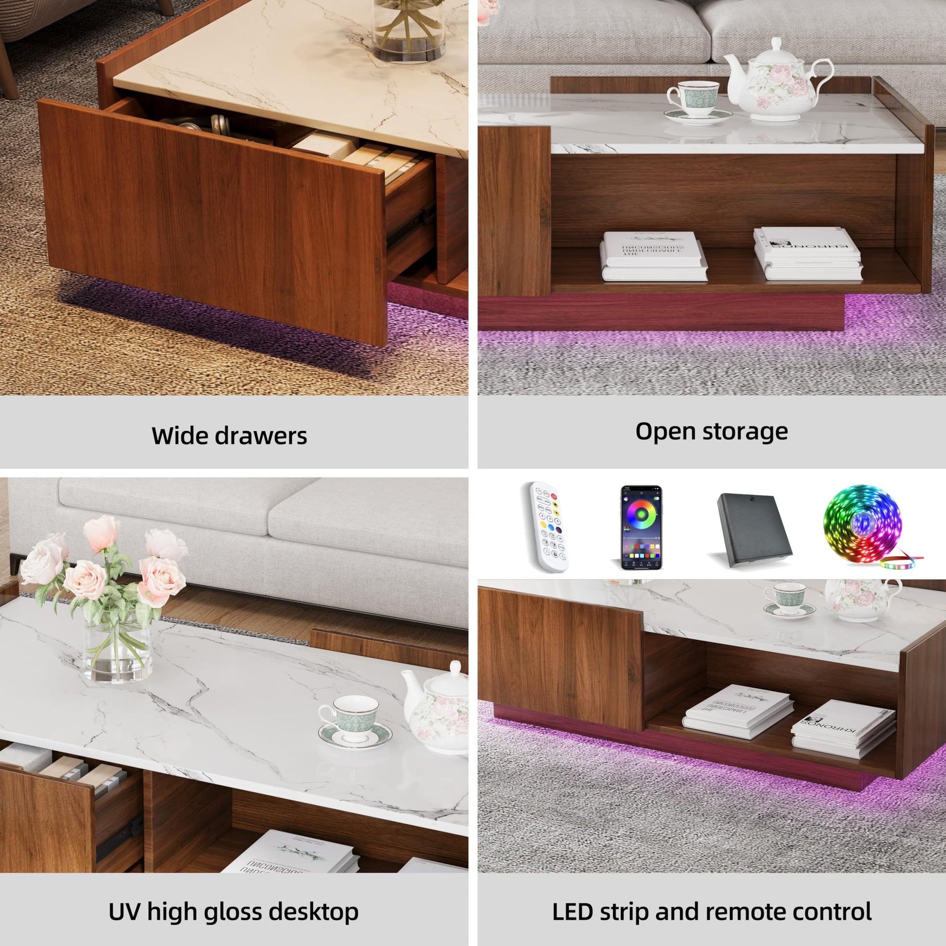 Lift Top coffee tables for living room, 43" LED Wooden Center Tables with Storage Shelf EK HOME FURNITURE