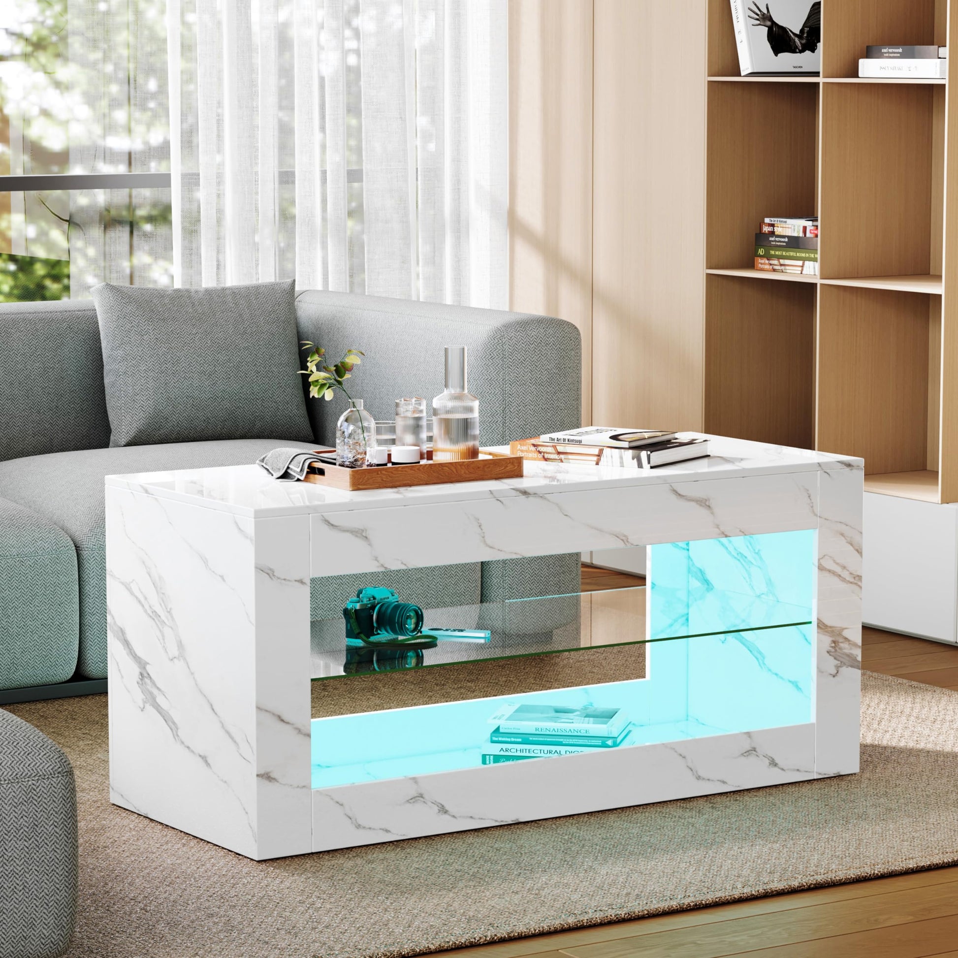 Lift Top coffee tables for living room, 43" LED Wooden Center Tables with Storage Shelf EK HOME FURNITURE