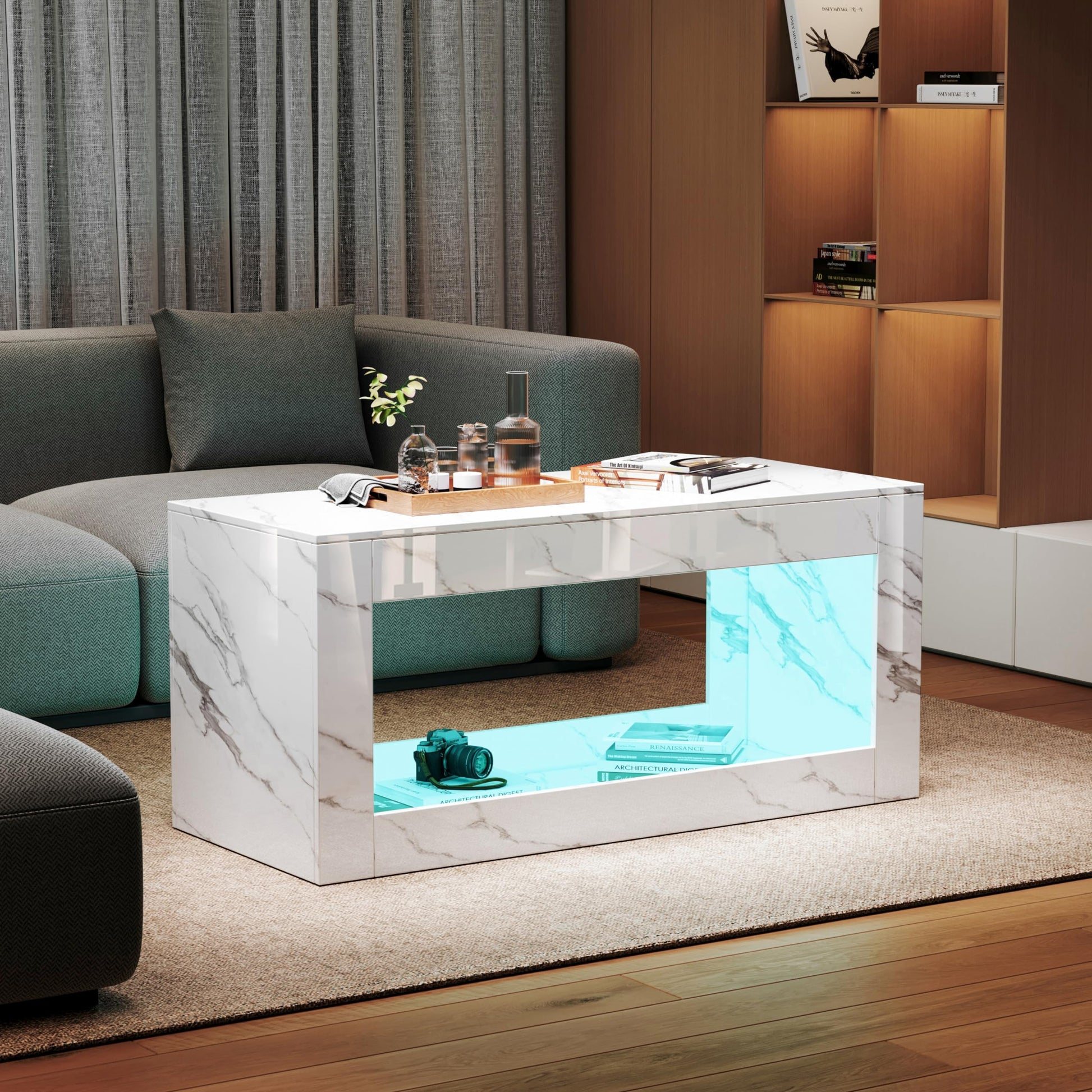 Lift Top coffee tables for living room, 43" LED Wooden Center Tables with Storage Shelf EK HOME FURNITURE