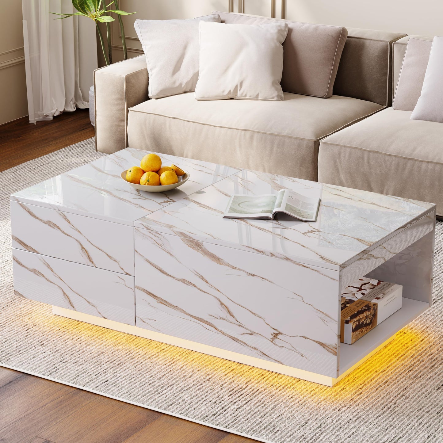 Lift Top coffee tables for living room, 43" LED Wooden Center Tables with Storage Shelf EK HOME FURNITURE