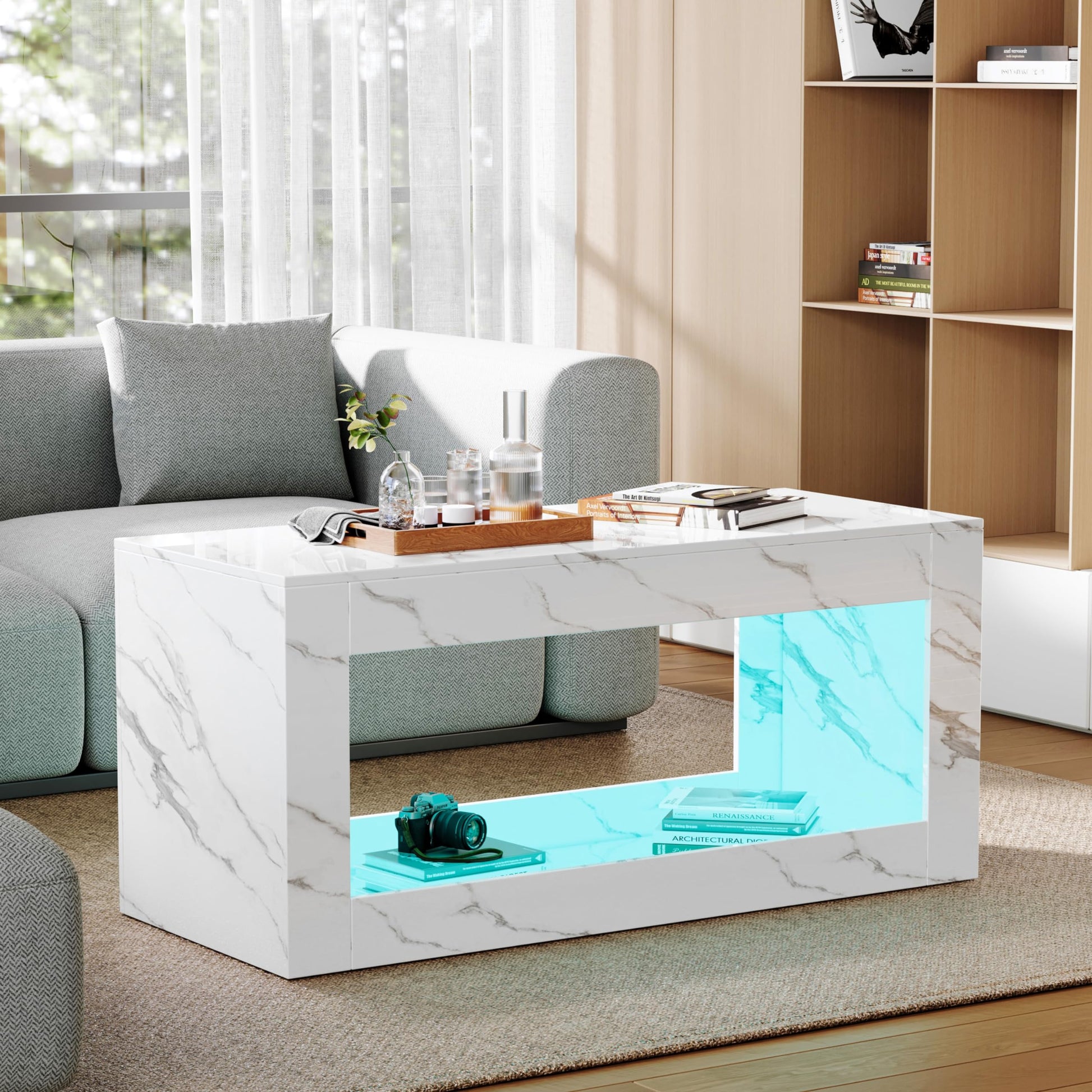 Lift Top coffee tables for living room, 43" LED Wooden Center Tables with Storage Shelf EK HOME FURNITURE