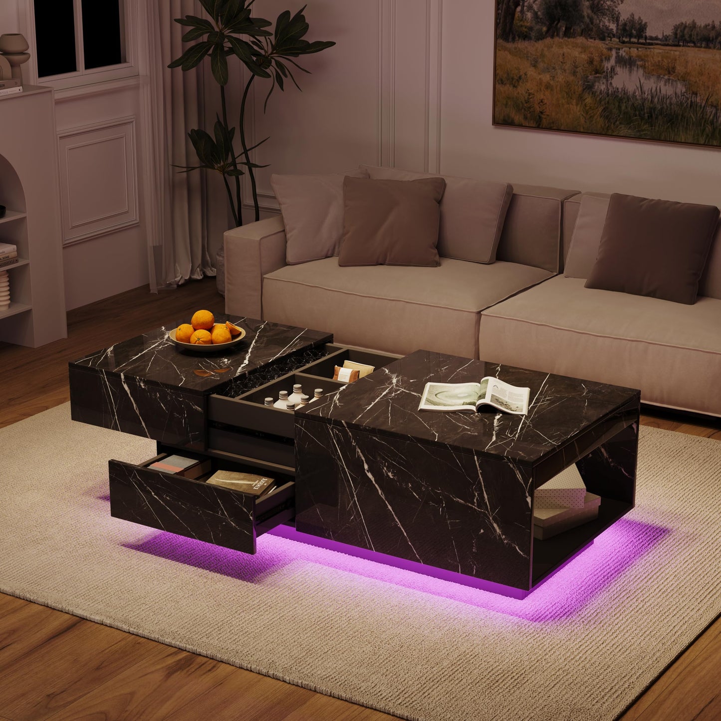 Lift Top coffee tables for living room, 43" LED Wooden Center Tables with Storage Shelf EK HOME FURNITURE