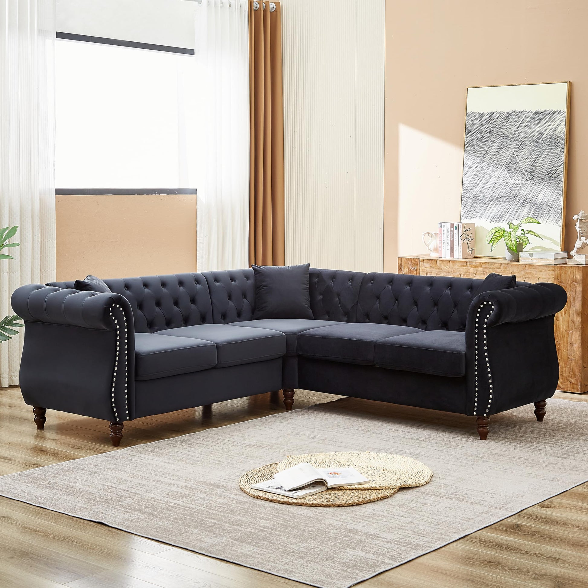 Luxury Classic Chesterfield Velvet Corner Sofa, with 3 Pillows and Solid Wood Gourd Legs EK HOME FURNITURE