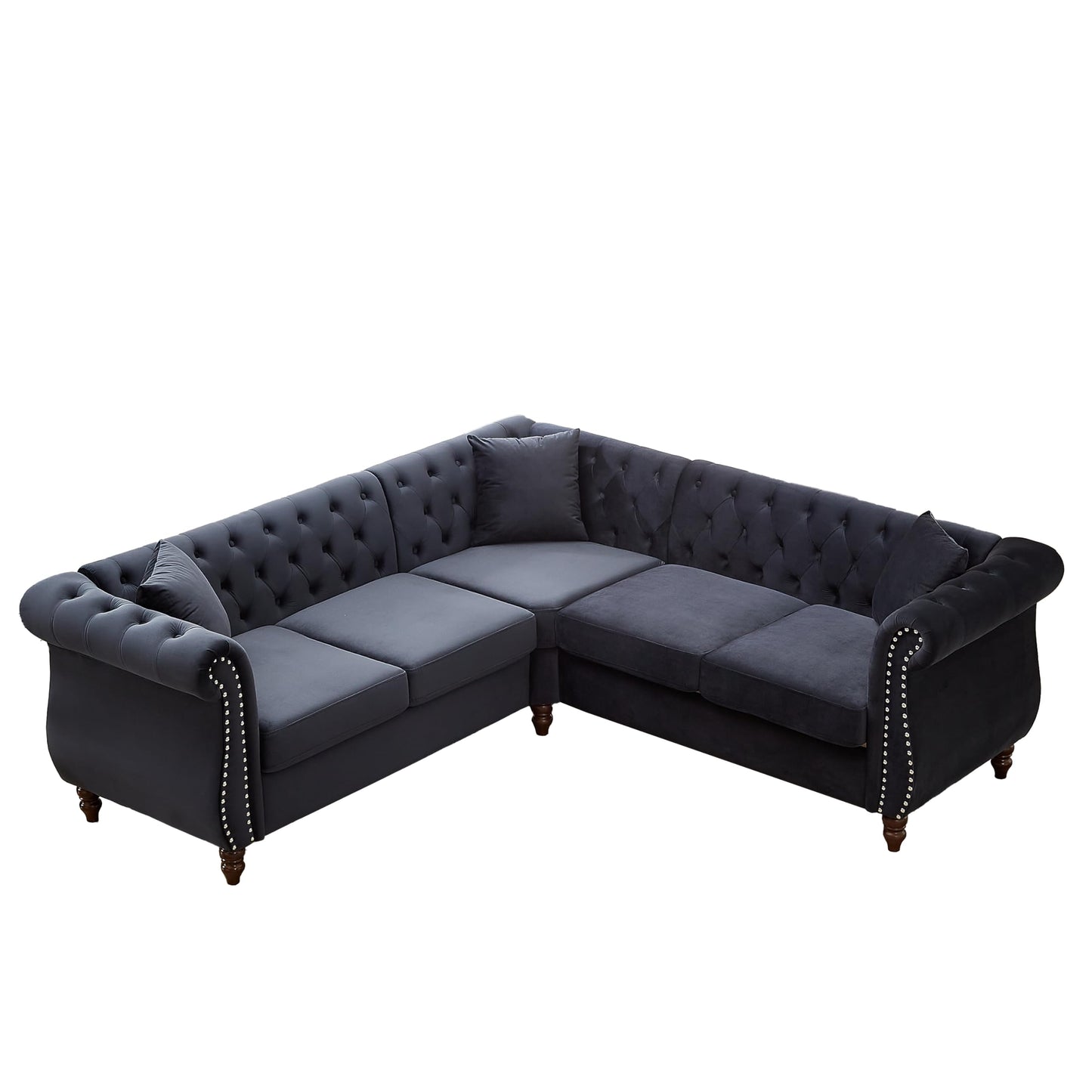 Luxury Classic Chesterfield Velvet Corner Sofa, with 3 Pillows and Solid Wood Gourd Legs EK HOME FURNITURE