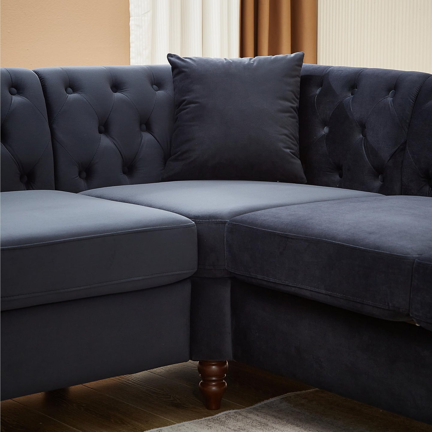 Luxury Classic Chesterfield Velvet Corner Sofa, with 3 Pillows and Solid Wood Gourd Legs EK HOME FURNITURE