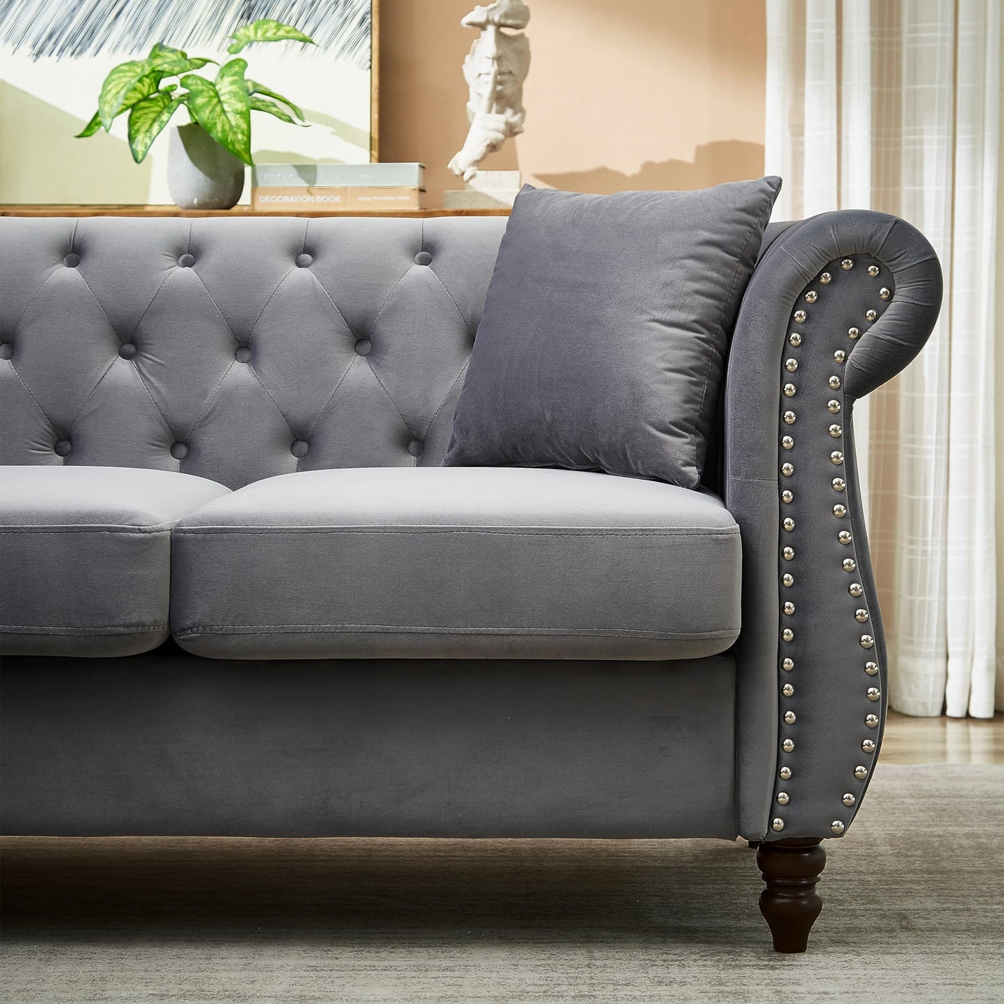 Luxury Classic Chesterfield Velvet Corner Sofa, with 3 Pillows and Solid Wood Gourd Legs EK HOME FURNITURE