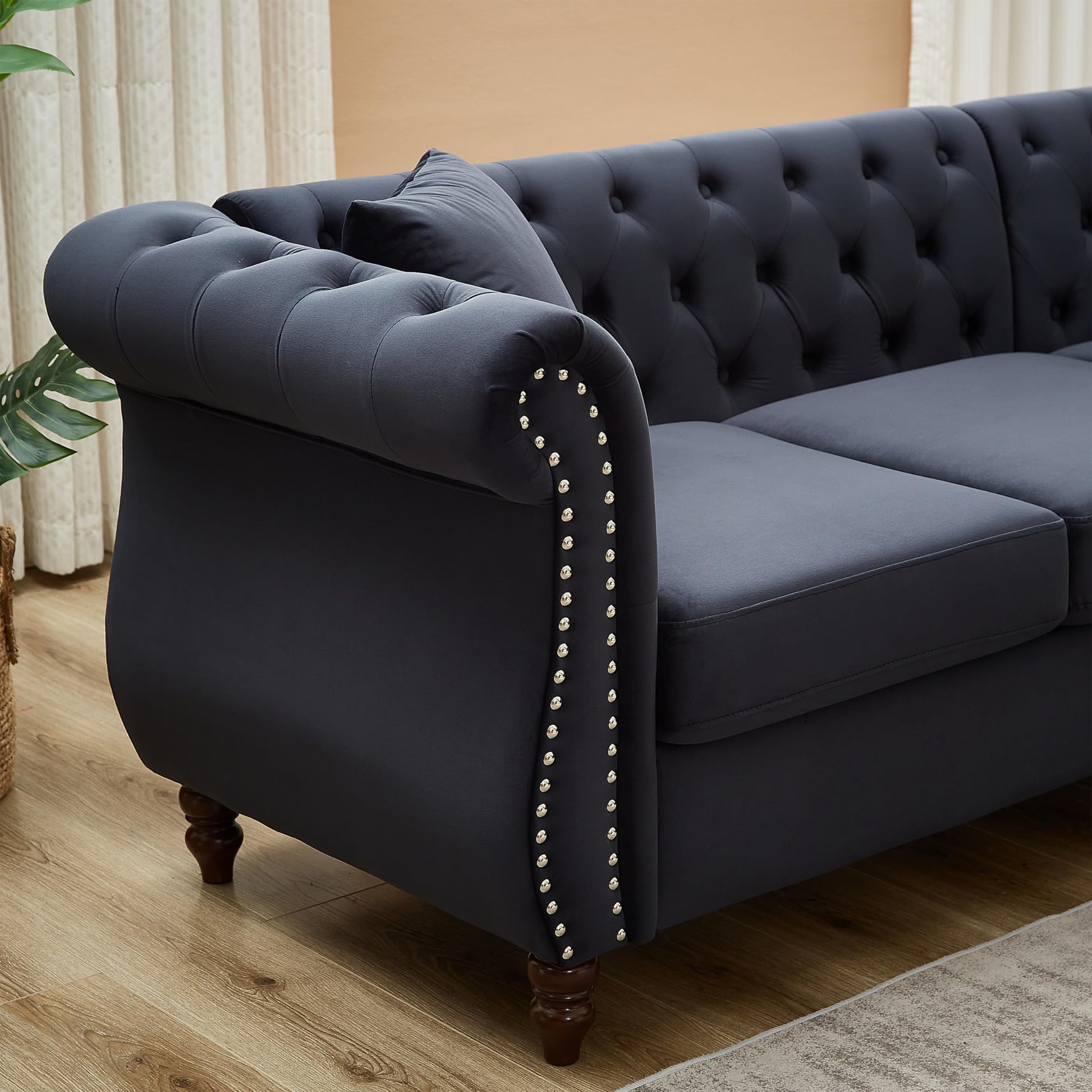 Luxury Classic Chesterfield Velvet Corner Sofa, with 3 Pillows and Solid Wood Gourd Legs EK HOME FURNITURE