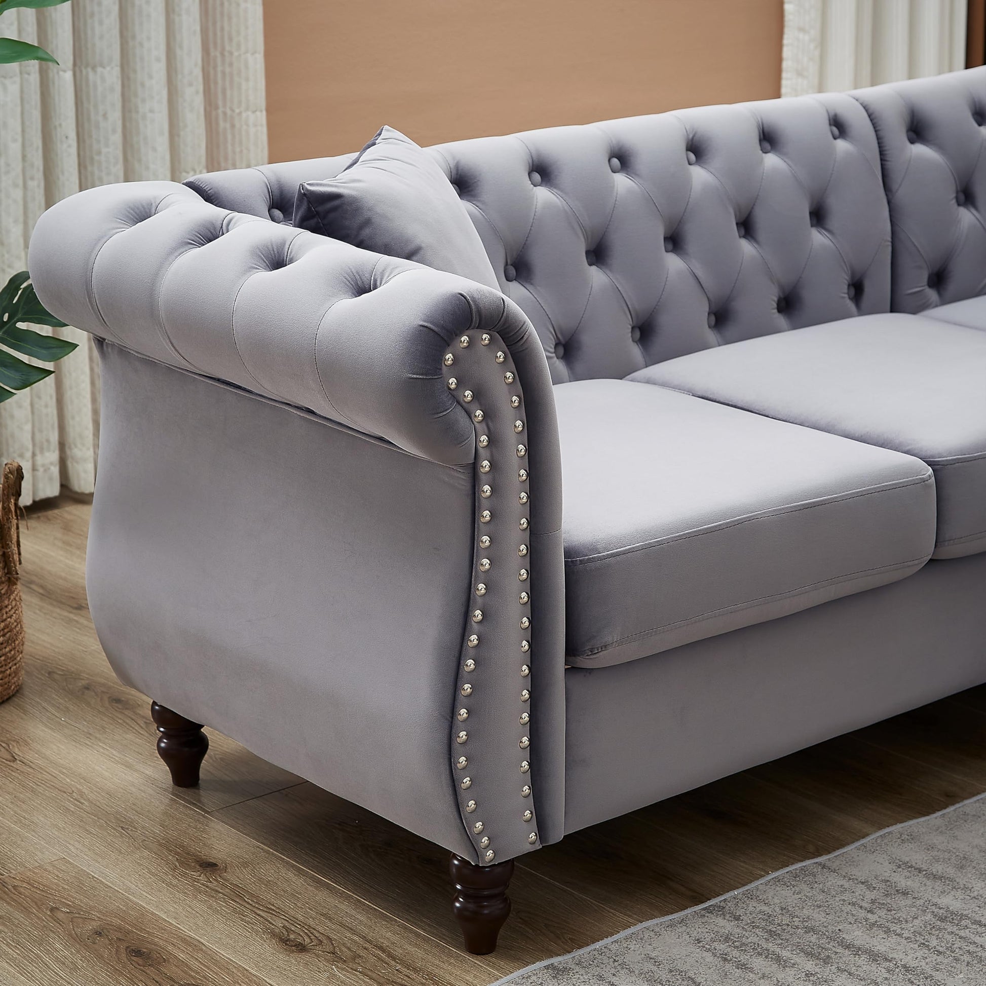 Luxury Classic Chesterfield Velvet Corner Sofa, with 3 Pillows and Solid Wood Gourd Legs EK HOME FURNITURE