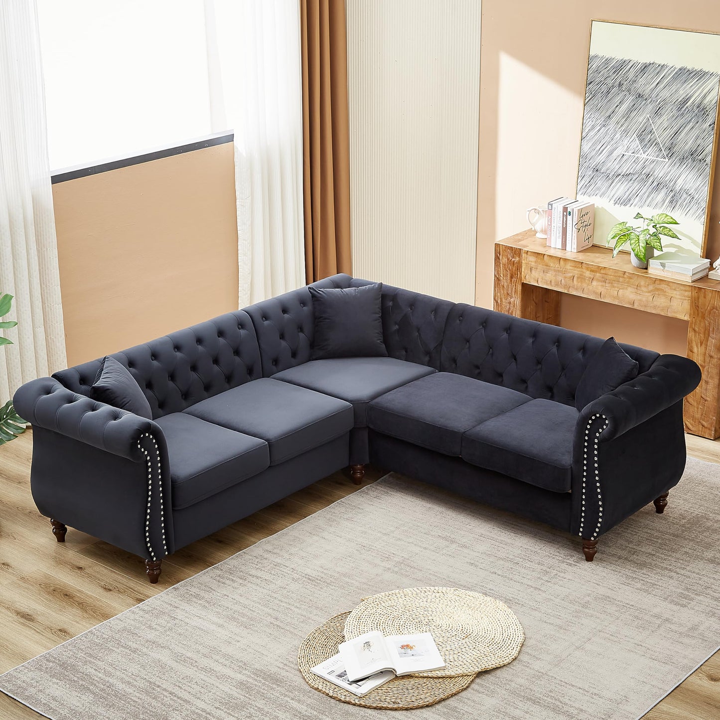 Luxury Classic Chesterfield Velvet Corner Sofa, with 3 Pillows and Solid Wood Gourd Legs EK HOME FURNITURE