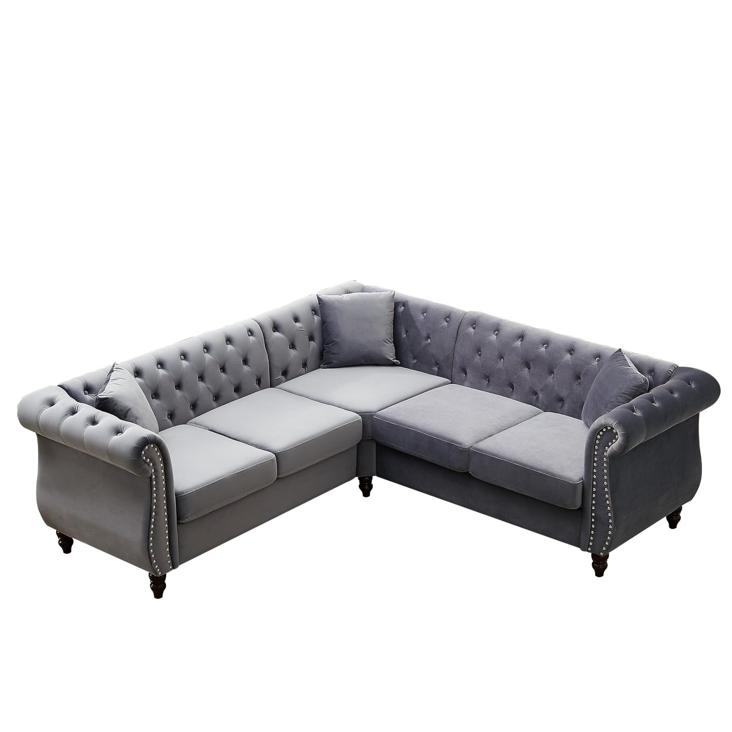 Luxury Classic Chesterfield Velvet Corner Sofa, with 3 Pillows and Solid Wood Gourd Legs EK HOME FURNITURE