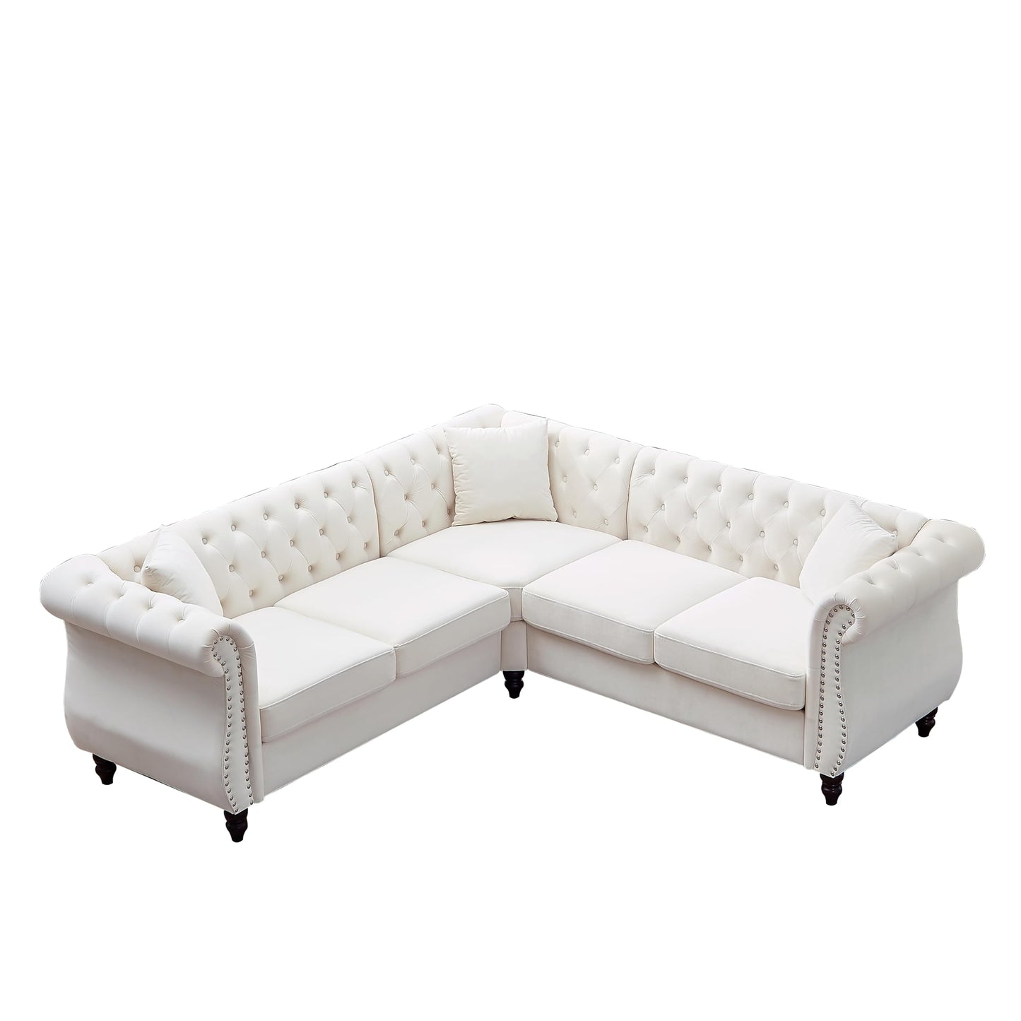 Luxury Classic Chesterfield Velvet Corner Sofa, with 3 Pillows and Solid Wood Gourd Legs EK HOME FURNITURE