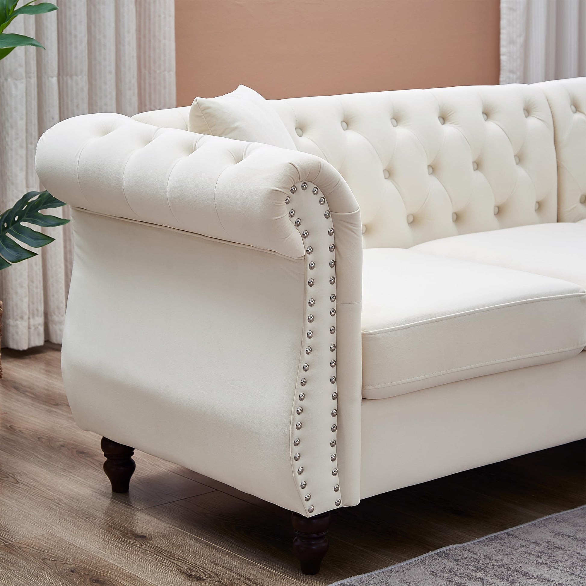 Luxury Classic Chesterfield Velvet Corner Sofa, with 3 Pillows and Solid Wood Gourd Legs EK HOME FURNITURE