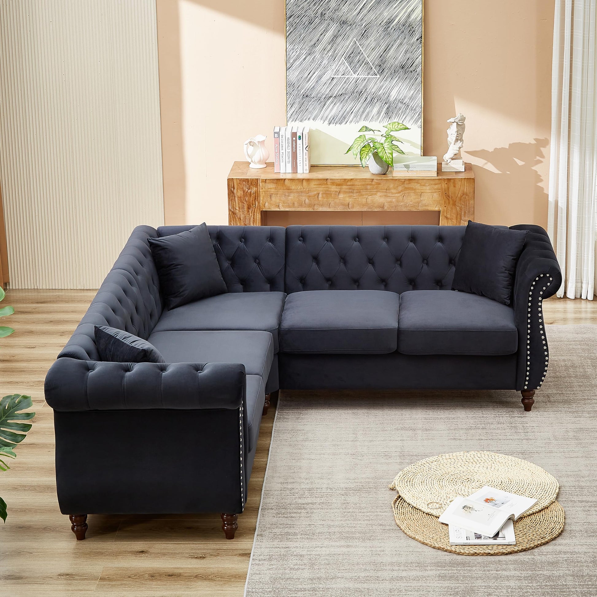 Luxury Classic Chesterfield Velvet Corner Sofa, with 3 Pillows and Solid Wood Gourd Legs EK HOME FURNITURE