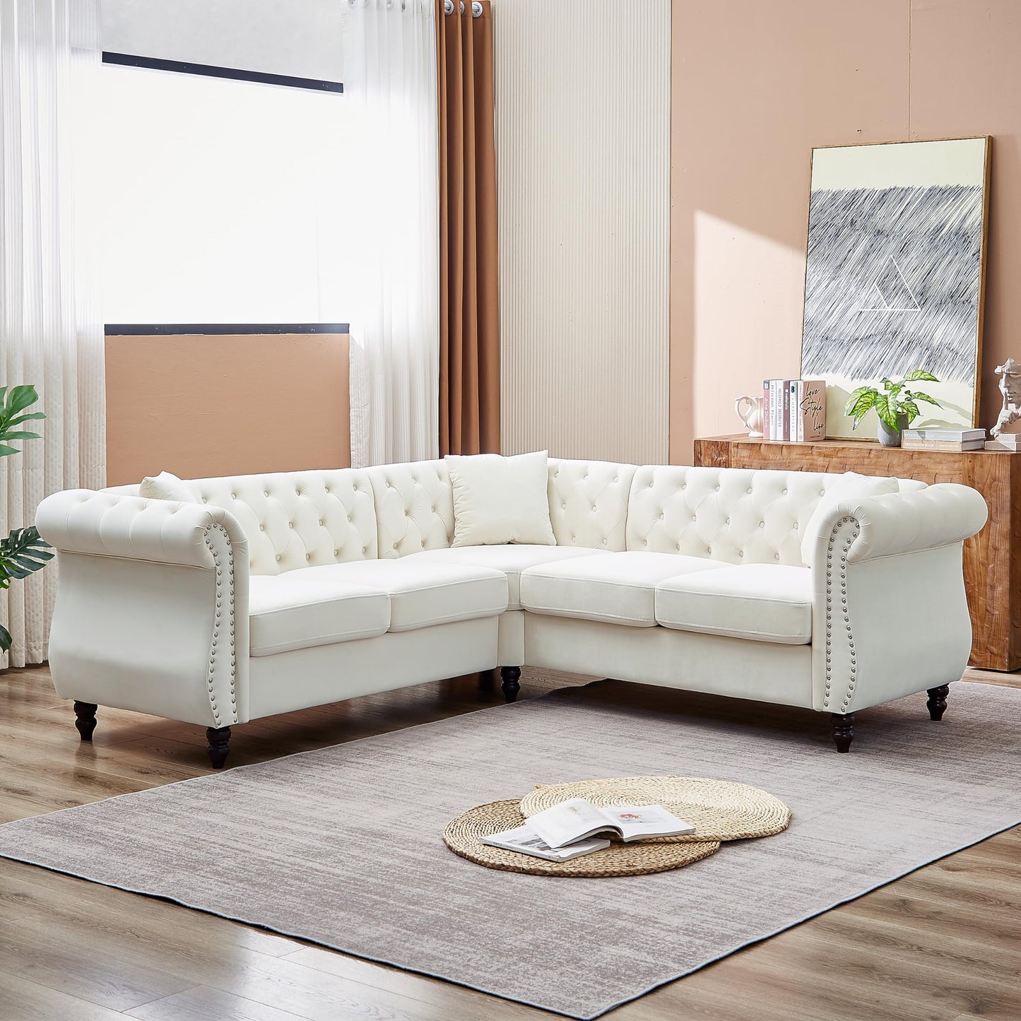 Luxury Classic Chesterfield Velvet Corner Sofa, with 3 Pillows and Solid Wood Gourd Legs EK HOME FURNITURE