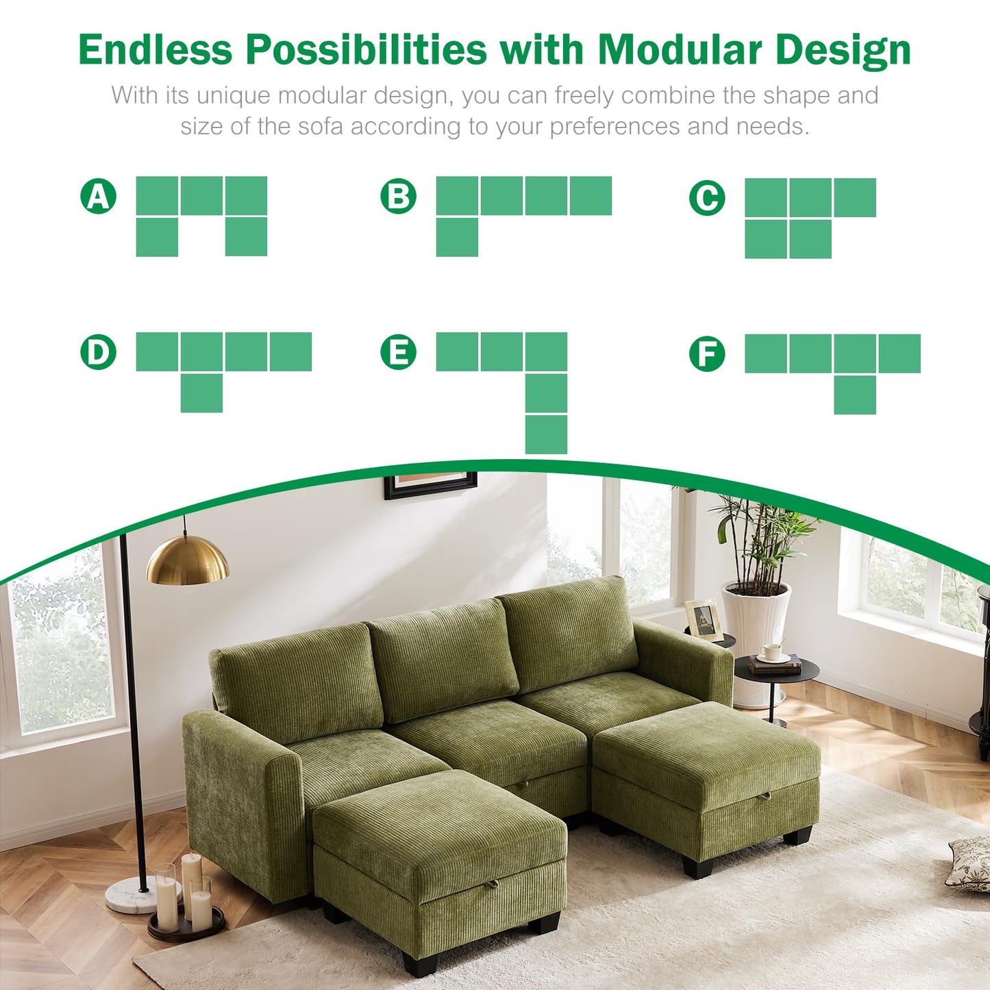 Luxury Modular Sectional Sofa w/Storage Seat, 118" U Shaped with Reversible Chaise EK HOME FURNITURE