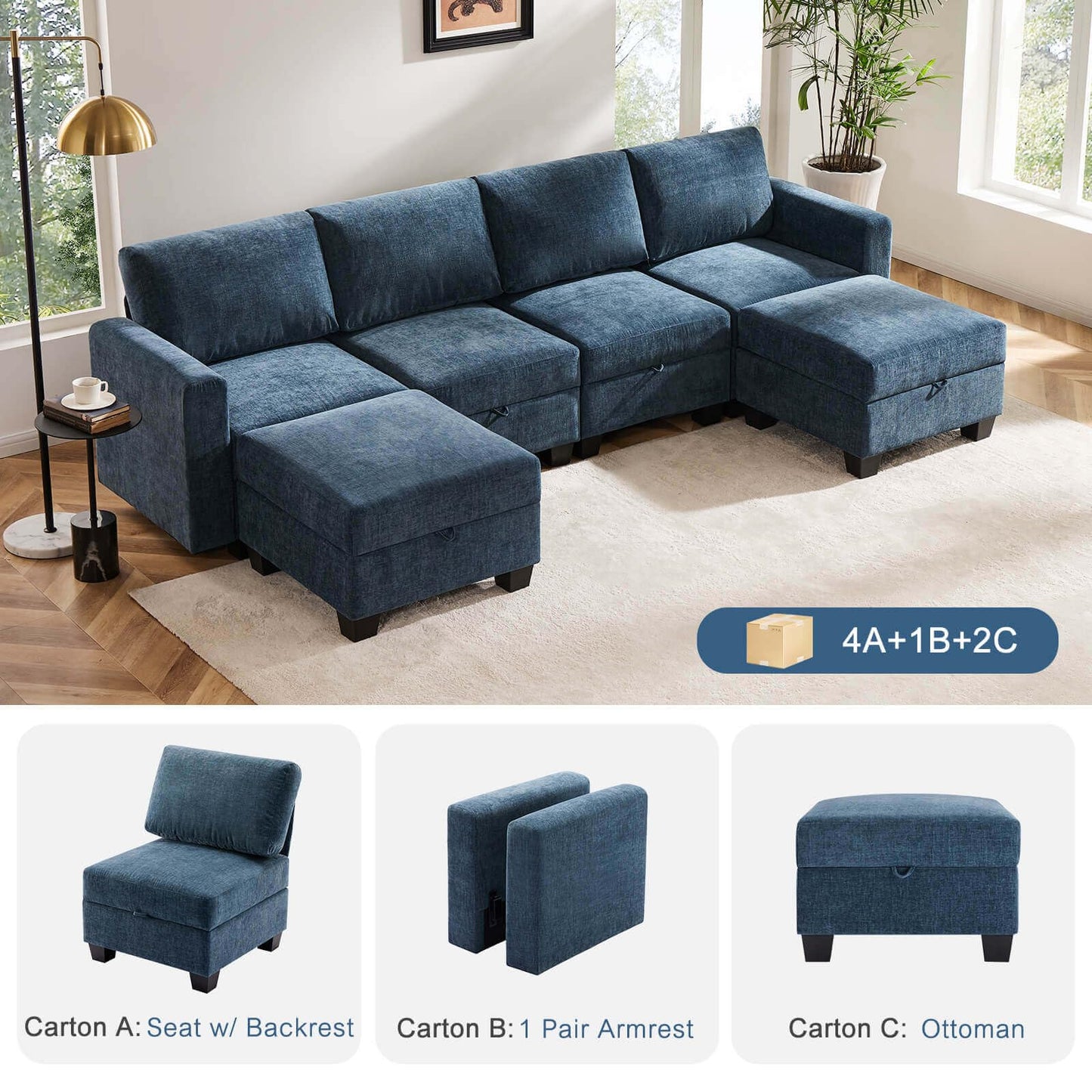 Luxury Modular Sectional Sofa w/Storage Seat, 118" U Shaped with Reversible Chaise EK HOME FURNITURE