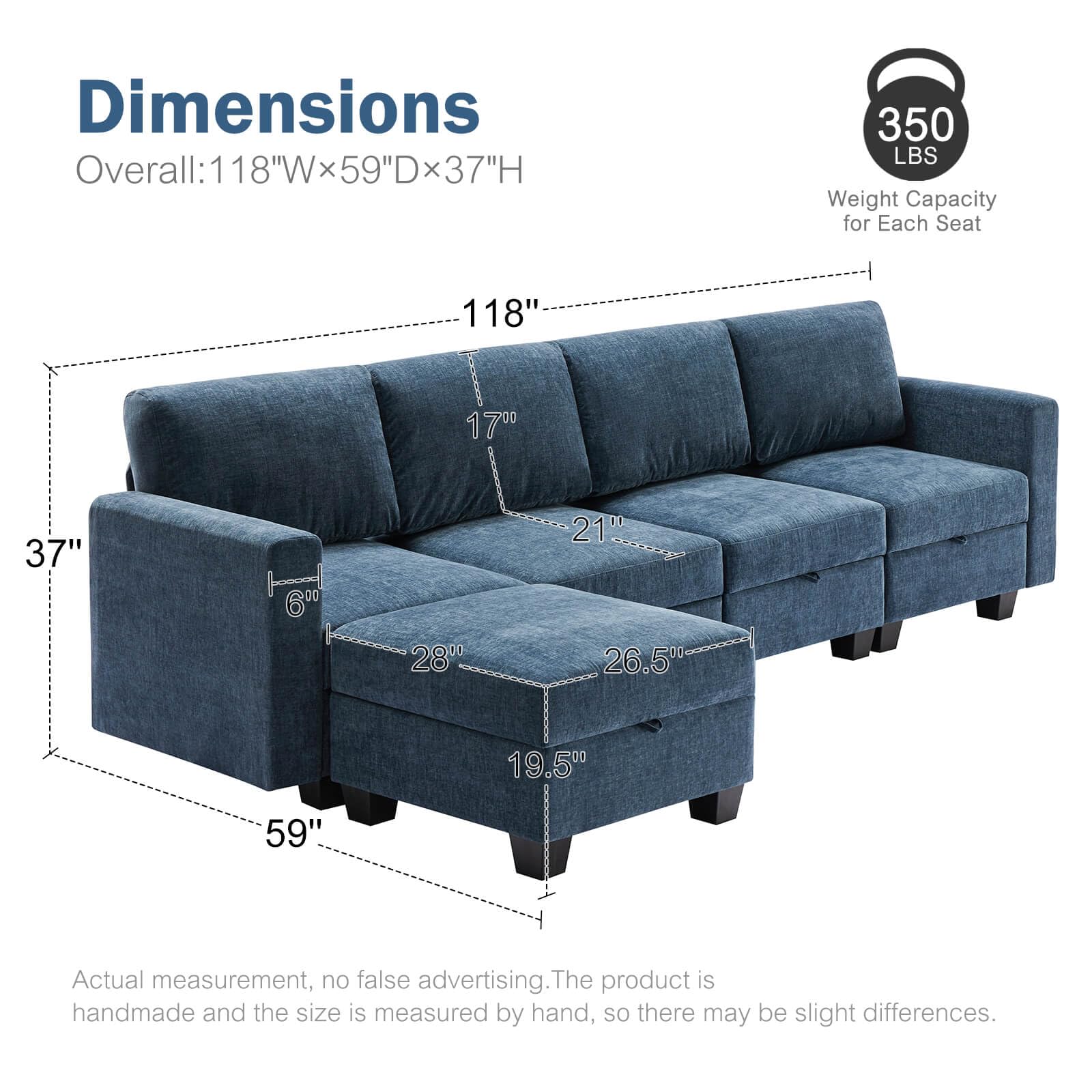 Luxury Modular Sectional Sofa w/Storage Seat, 118" U Shaped with Reversible Chaise EK HOME FURNITURE