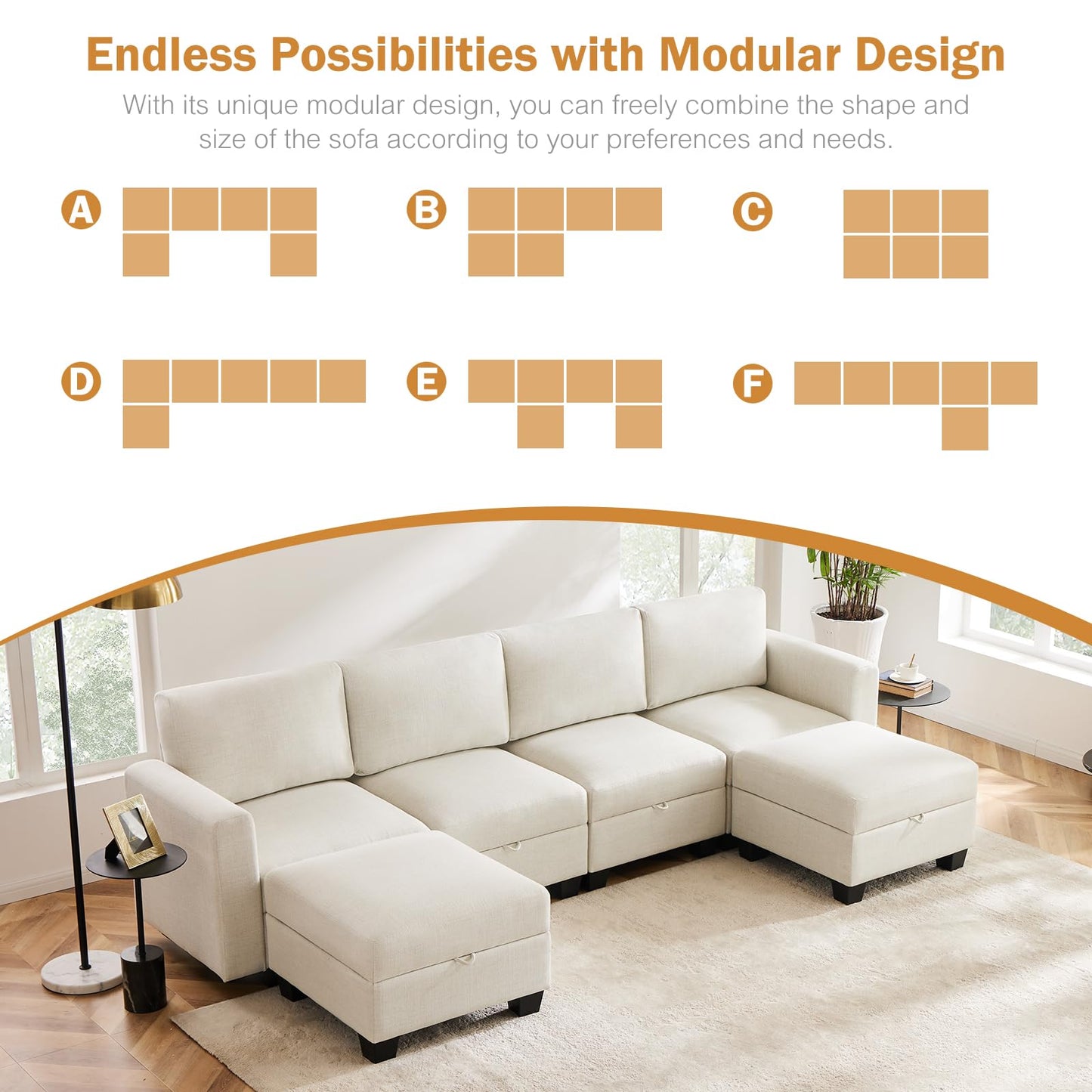 Luxury Modular Sectional Sofa w/Storage Seat, 118" U Shaped with Reversible Chaise EK HOME FURNITURE