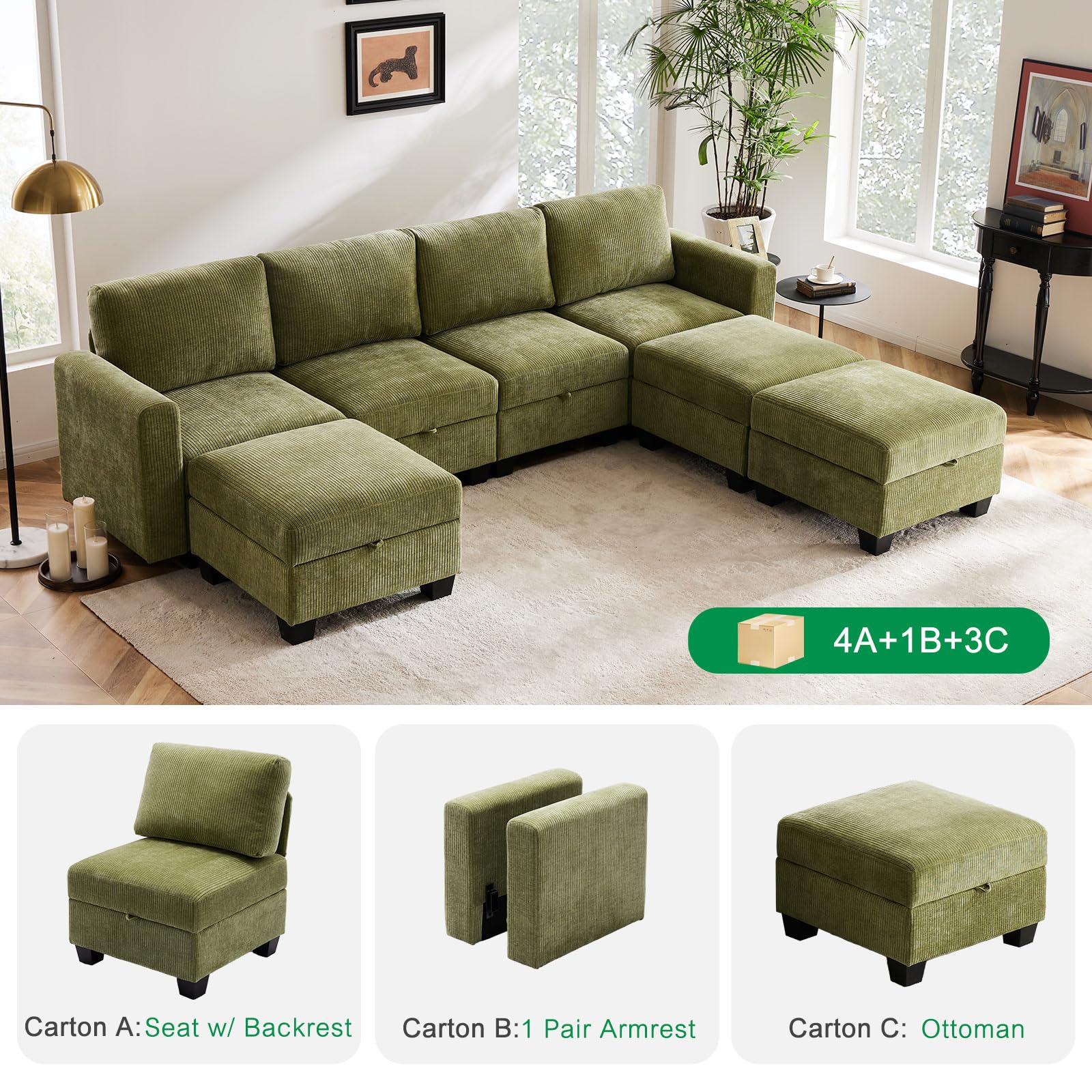 Luxury Modular Sectional Sofa w/Storage Seat, 118" U Shaped with Reversible Chaise EK HOME FURNITURE