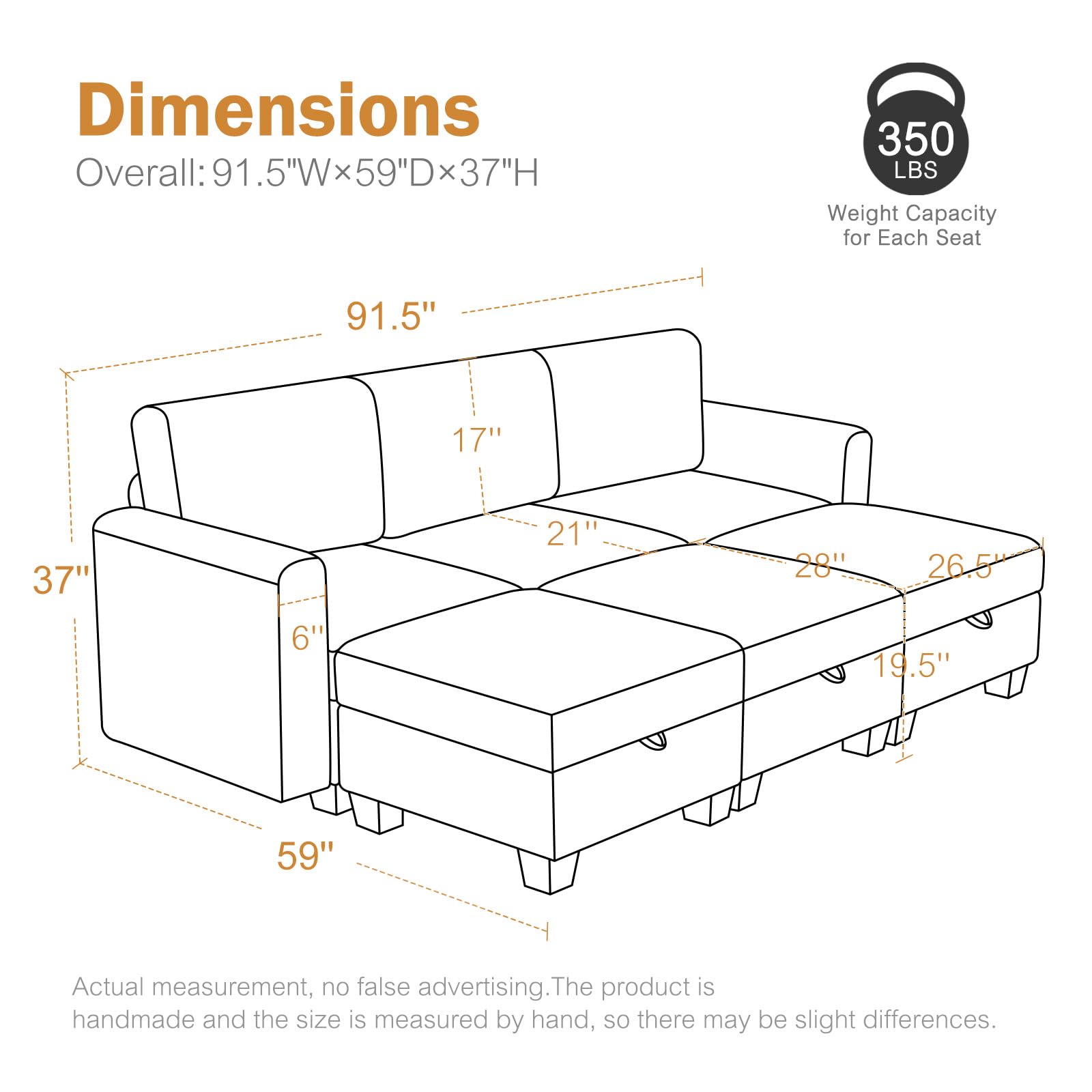 Luxury Modular Sectional Sofa w/Storage Seat, 118" U Shaped with Reversible Chaise EK HOME FURNITURE