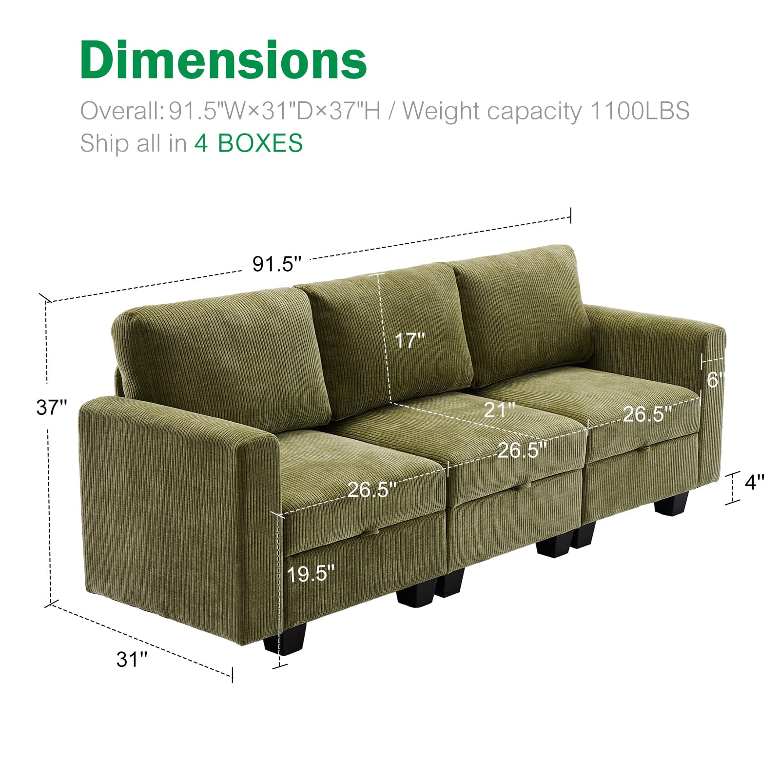 Luxury Modular Sectional Sofa w/Storage Seat, 118" U Shaped with Reversible Chaise EK HOME FURNITURE