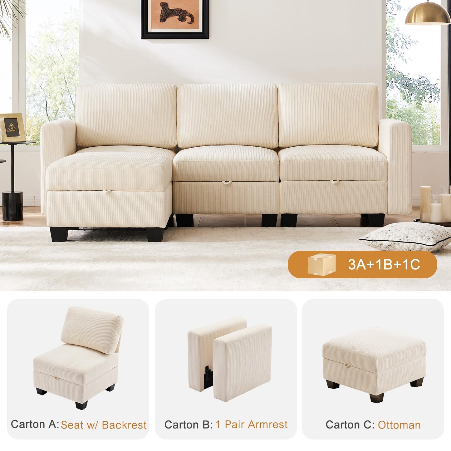 Luxury Modular Sectional Sofa w/Storage Seat, 118" U Shaped with Reversible Chaise EK HOME FURNITURE