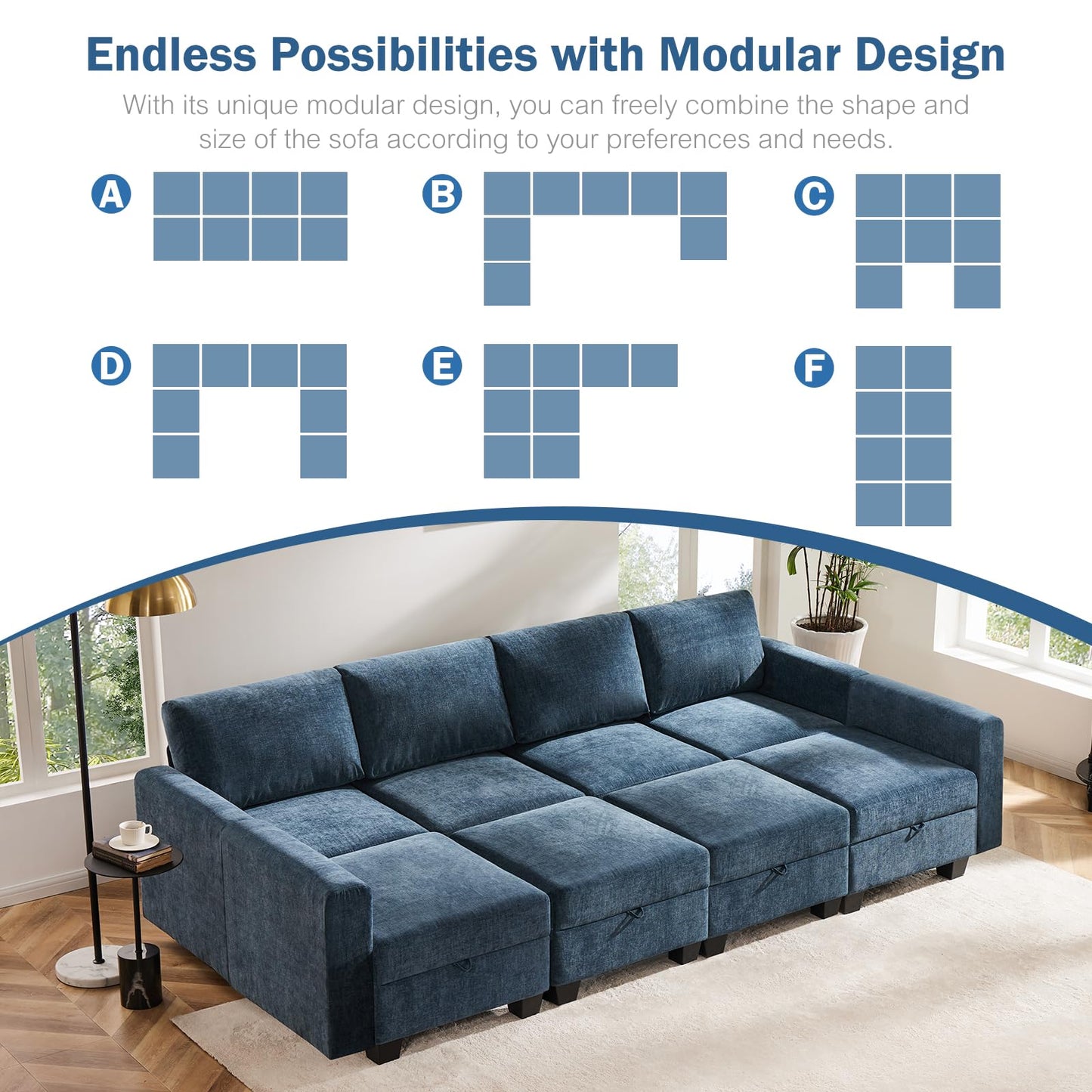 Luxury Modular Sectional Sofa w/Storage Seat, 118" U Shaped with Reversible Chaise EK HOME FURNITURE