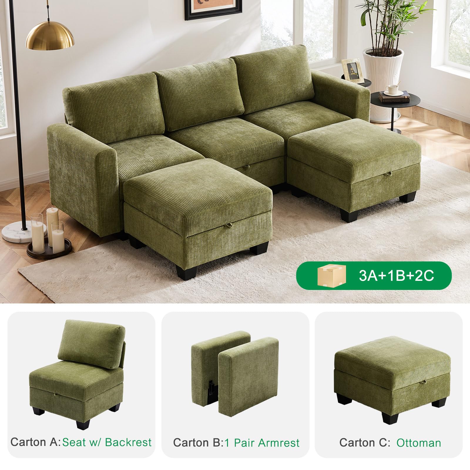 Luxury Modular Sectional Sofa w/Storage Seat, 118" U Shaped with Reversible Chaise EK HOME FURNITURE