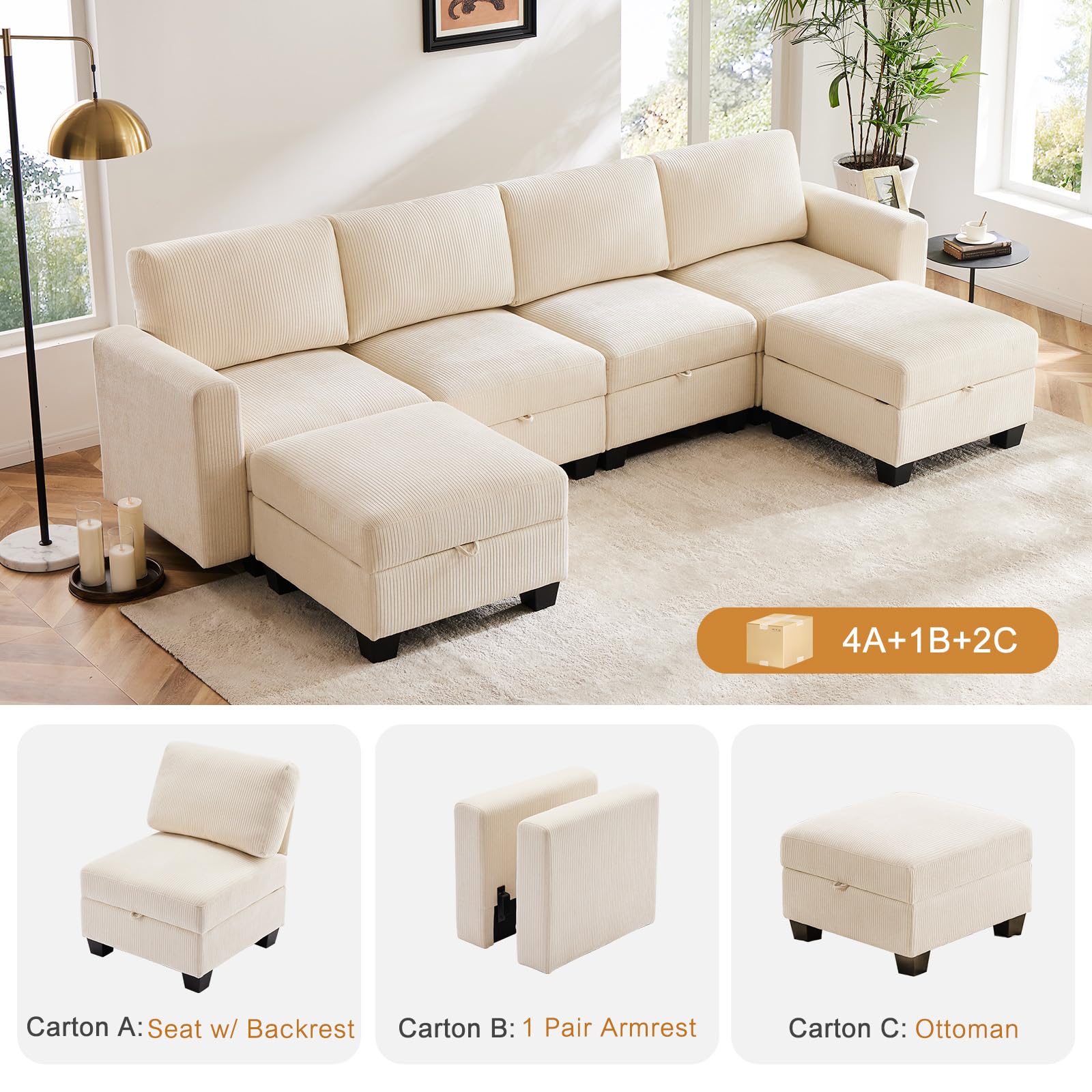 Luxury Modular Sectional Sofa w/Storage Seat, 118" U Shaped with Reversible Chaise EK HOME FURNITURE