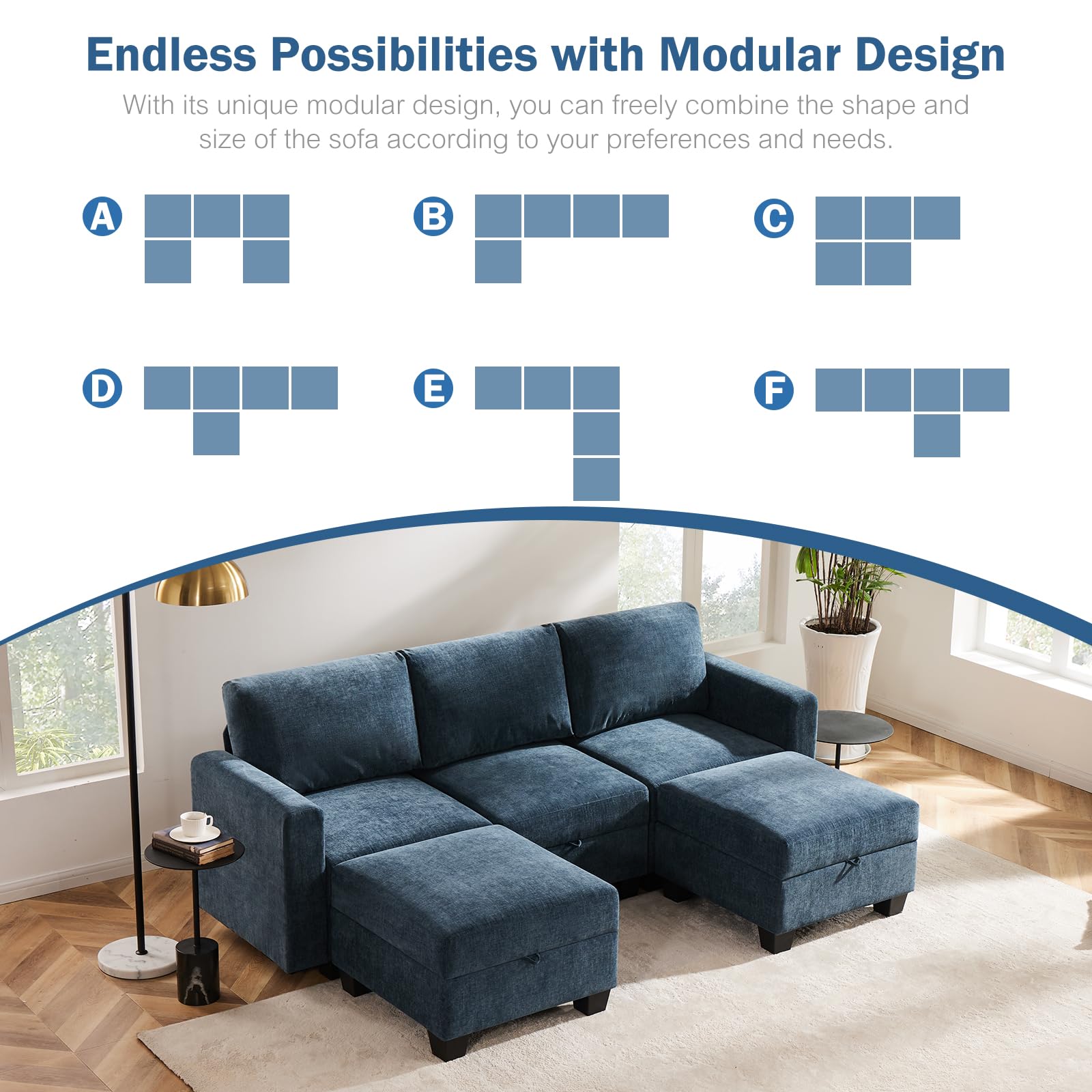 Luxury Modular Sectional Sofa w/Storage Seat, 118" U Shaped with Reversible Chaise EK HOME FURNITURE