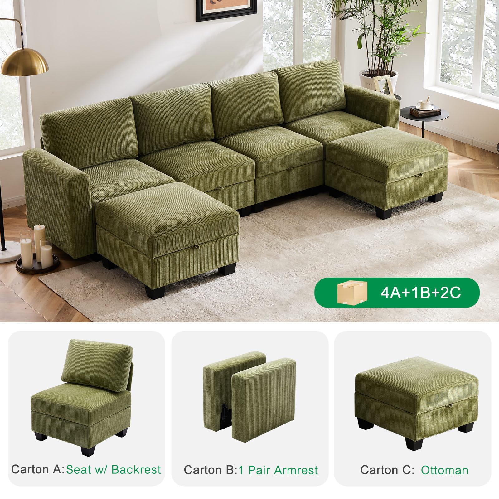 Luxury Modular Sectional Sofa w/Storage Seat, 118" U Shaped with Reversible Chaise EK HOME FURNITURE