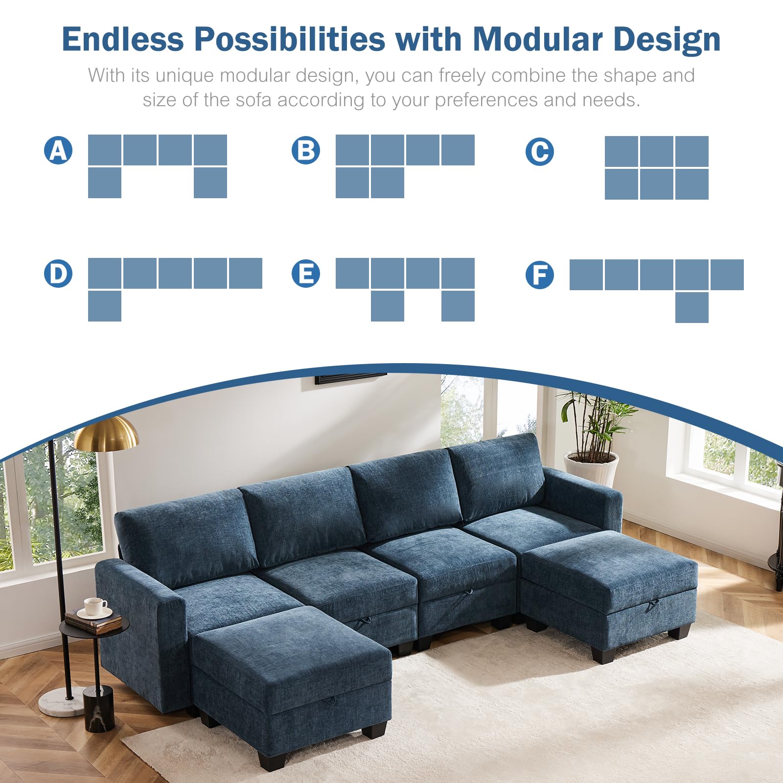 Luxury Modular Sectional Sofa w/Storage Seat, 118" U Shaped with Reversible Chaise EK HOME FURNITURE