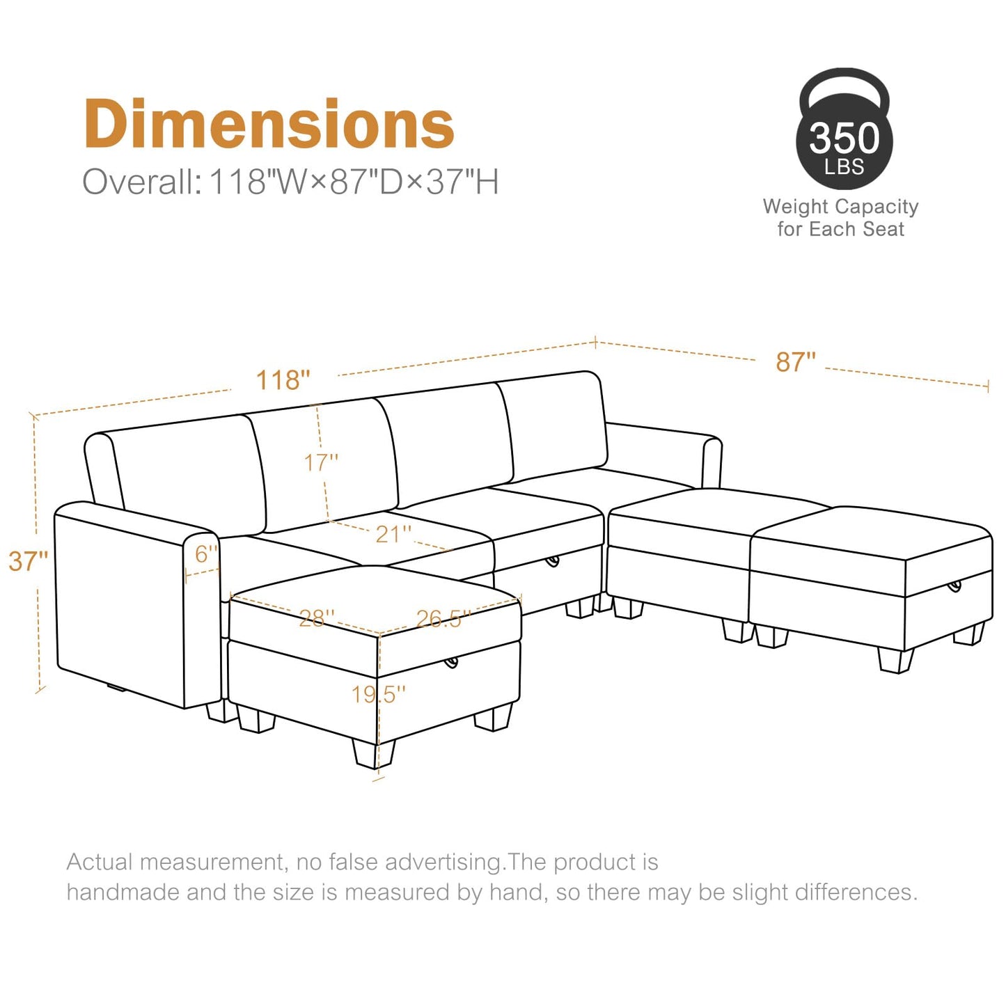 Luxury Modular Sectional Sofa w/Storage Seat, 118" U Shaped with Reversible Chaise EK HOME FURNITURE