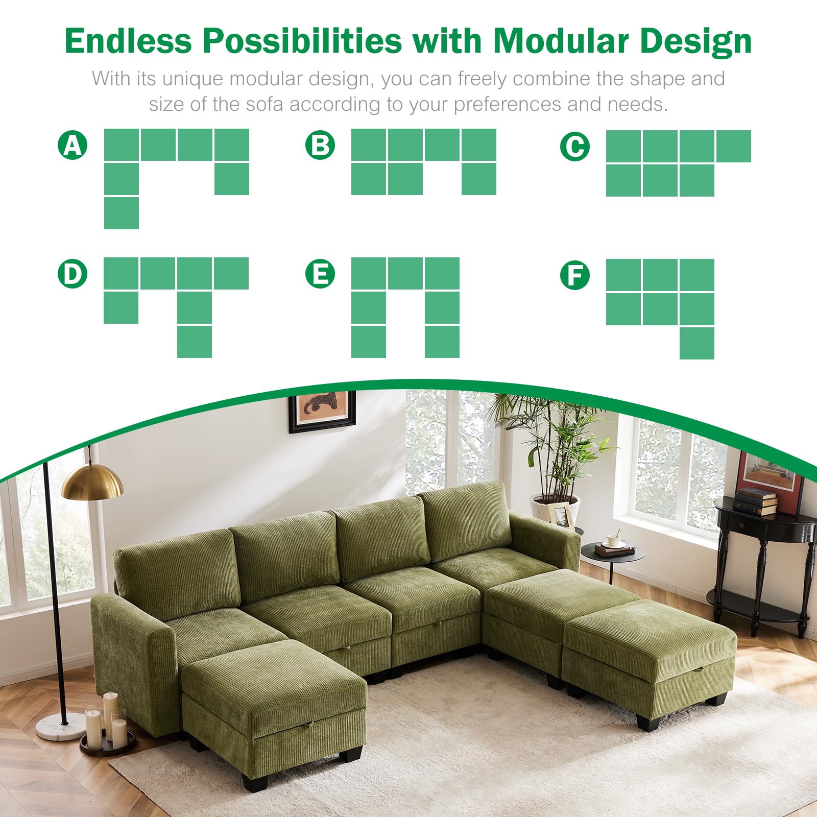 Luxury Modular Sectional Sofa w/Storage Seat, 118" U Shaped with Reversible Chaise EK HOME FURNITURE