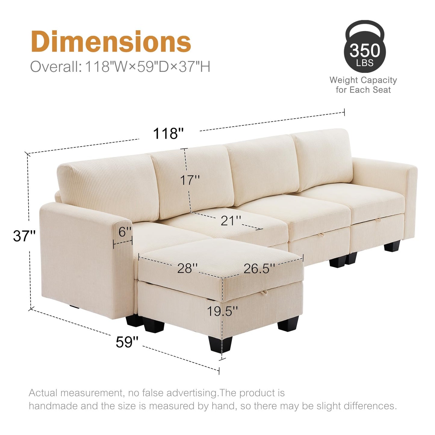 Luxury Modular Sectional Sofa w/Storage Seat, 118" U Shaped with Reversible Chaise EK HOME FURNITURE