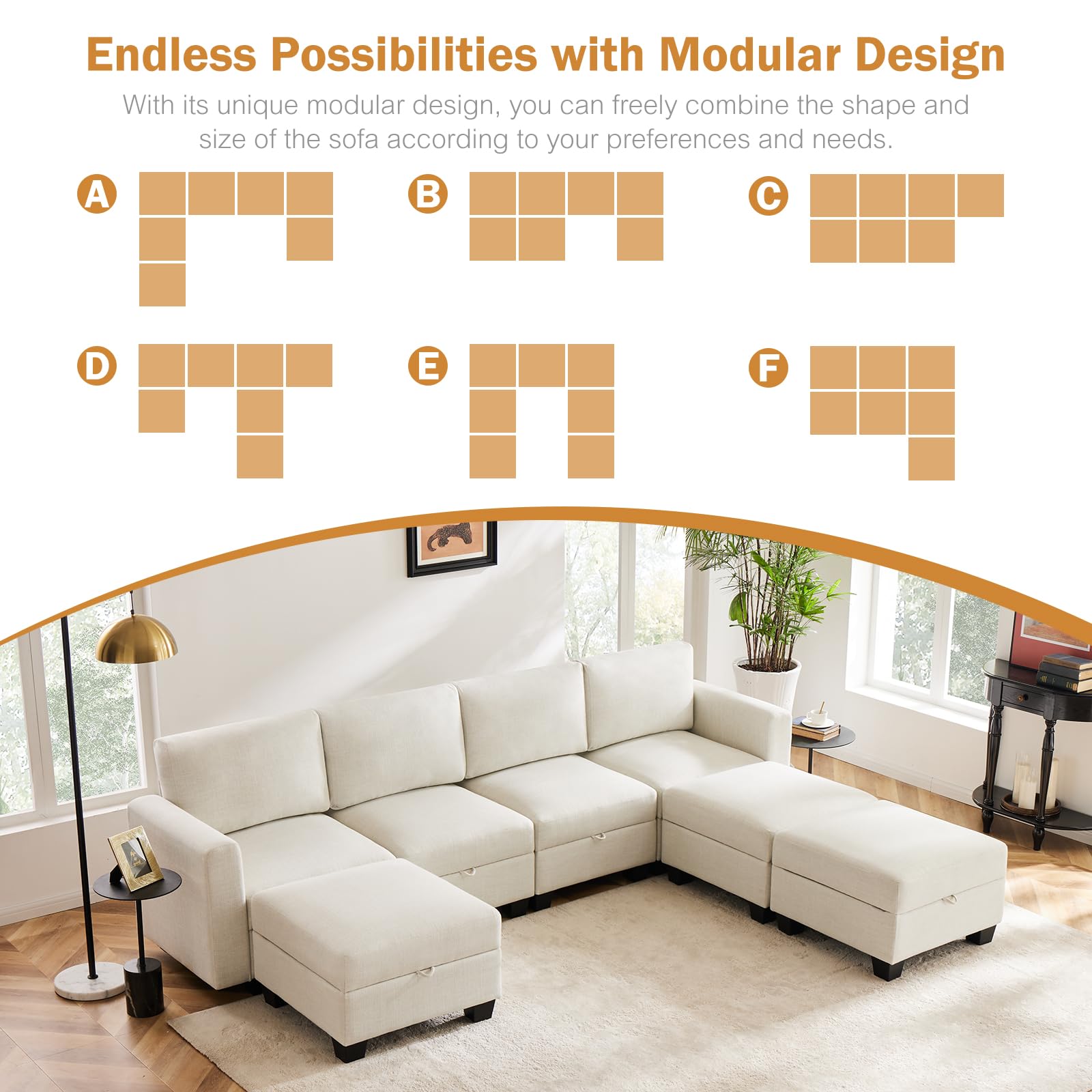 Luxury Modular Sectional Sofa w/Storage Seat, 118" U Shaped with Reversible Chaise EK HOME FURNITURE