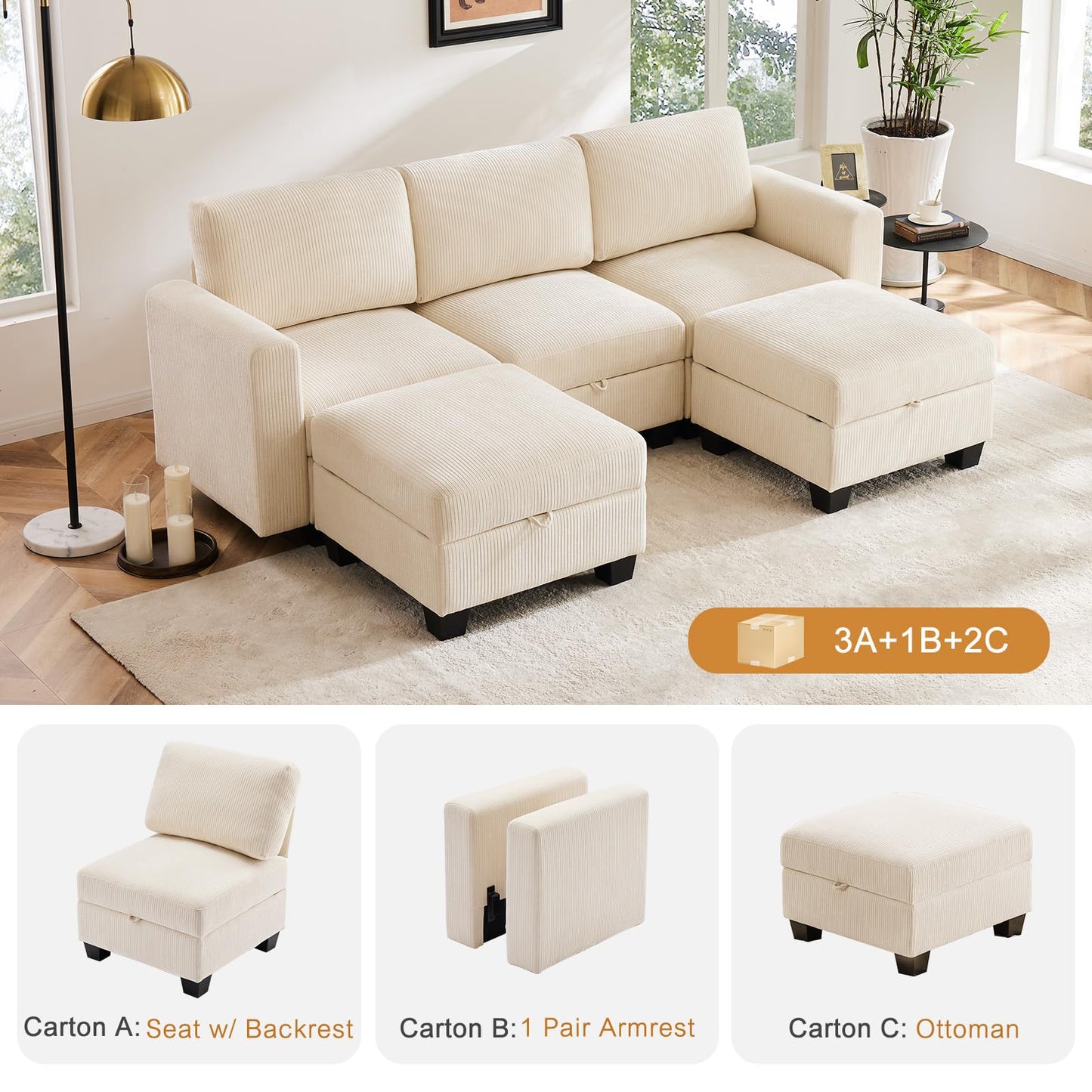 Luxury Modular Sectional Sofa w/Storage Seat, 118" U Shaped with Reversible Chaise EK HOME FURNITURE