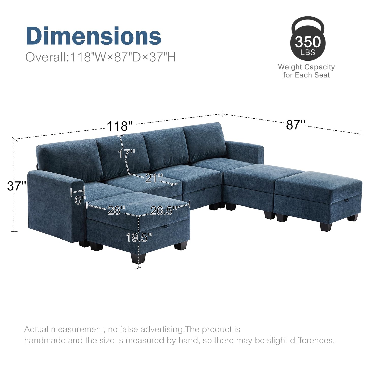 Luxury Modular Sectional Sofa w/Storage Seat, 118" U Shaped with Reversible Chaise EK HOME FURNITURE