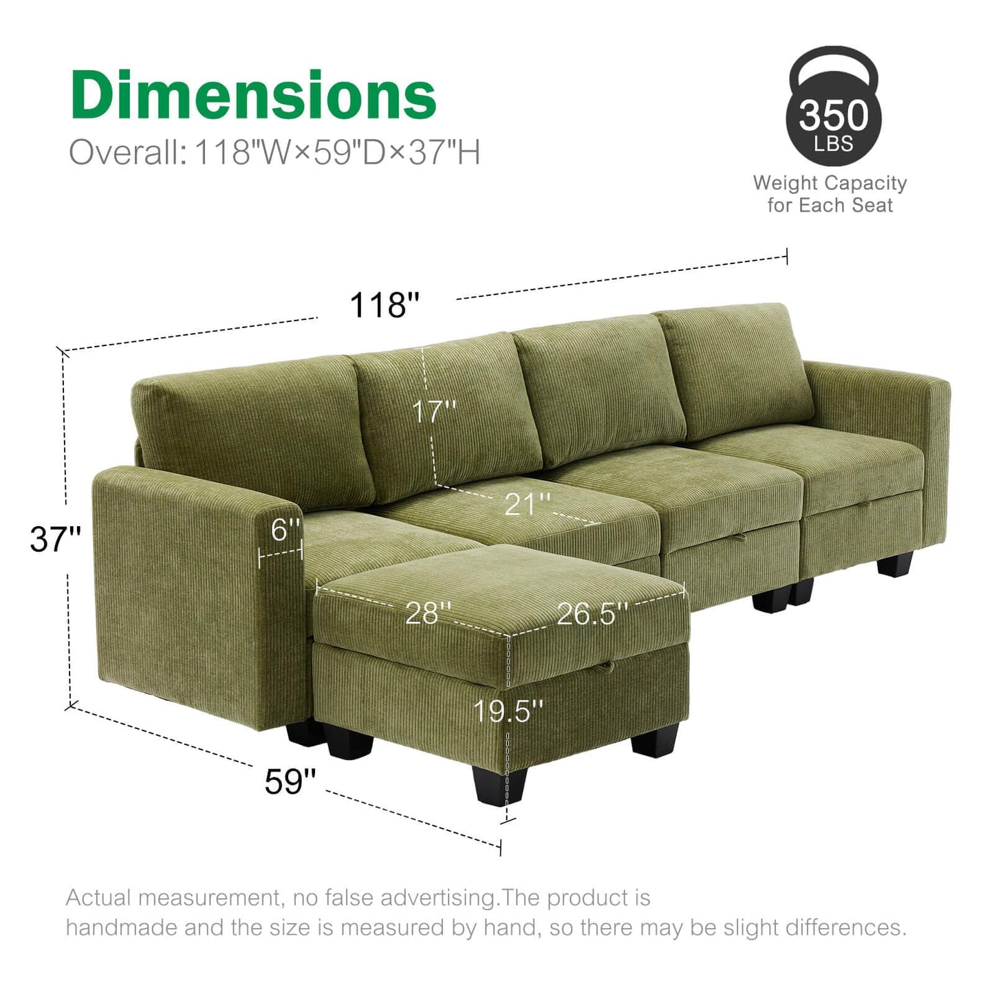 Luxury Modular Sectional Sofa w/Storage Seat, 118" U Shaped with Reversible Chaise EK HOME FURNITURE