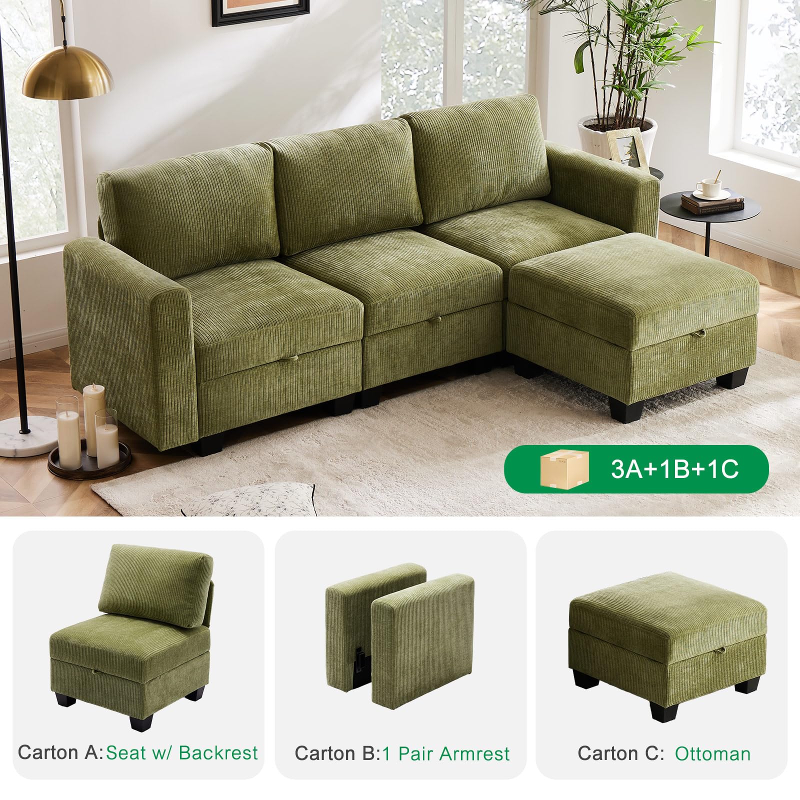 Luxury Modular Sectional Sofa w/Storage Seat, 118" U Shaped with Reversible Chaise EK HOME FURNITURE