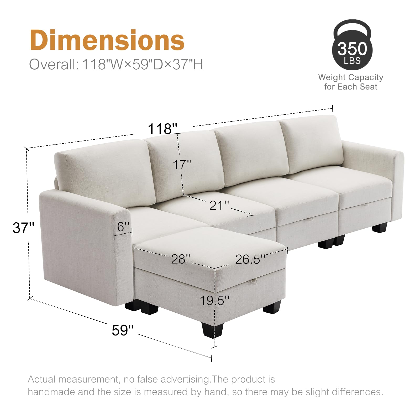 Luxury Modular Sectional Sofa w/Storage Seat, 118" U Shaped with Reversible Chaise EK HOME FURNITURE