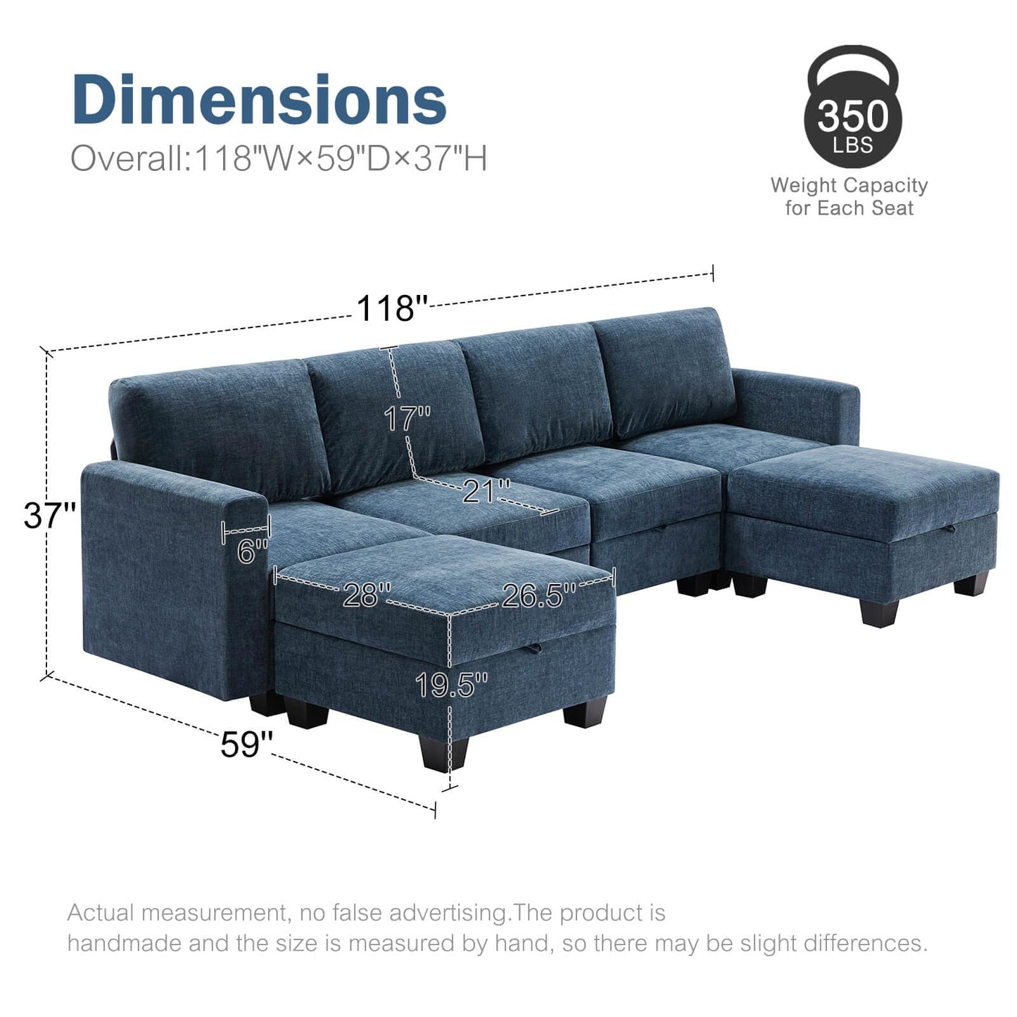 Luxury Modular Sectional Sofa w/Storage Seat, 118" U Shaped with Reversible Chaise EK HOME FURNITURE