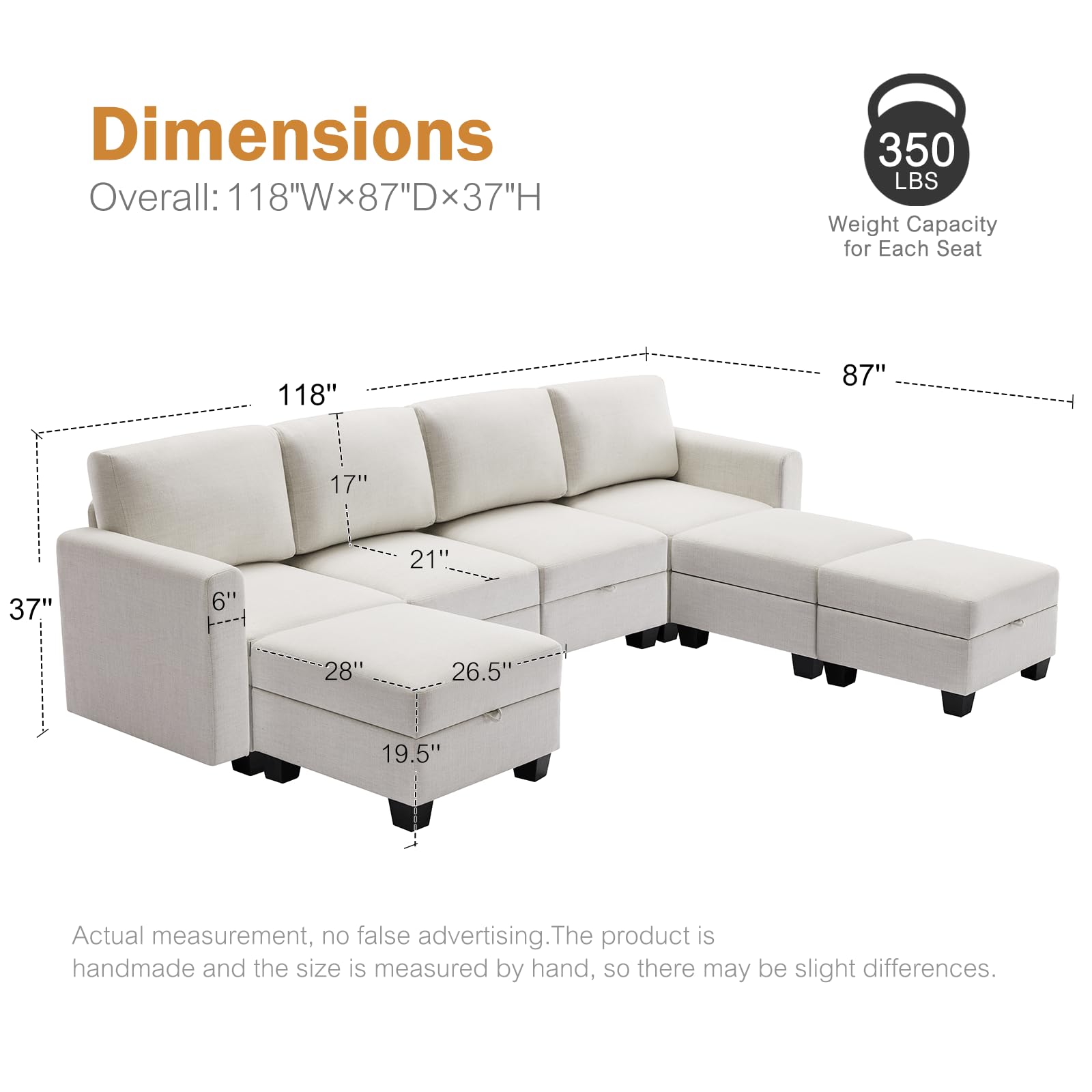 Luxury Modular Sectional Sofa w/Storage Seat, 118" U Shaped with Reversible Chaise EK HOME FURNITURE